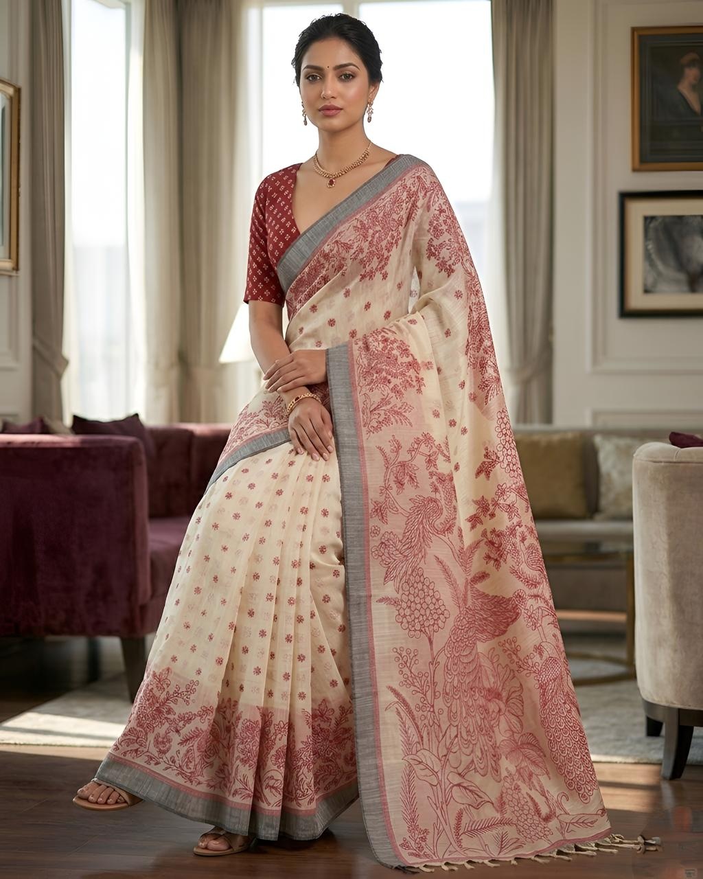 Red Peacock Heritage Printed Linen Saree