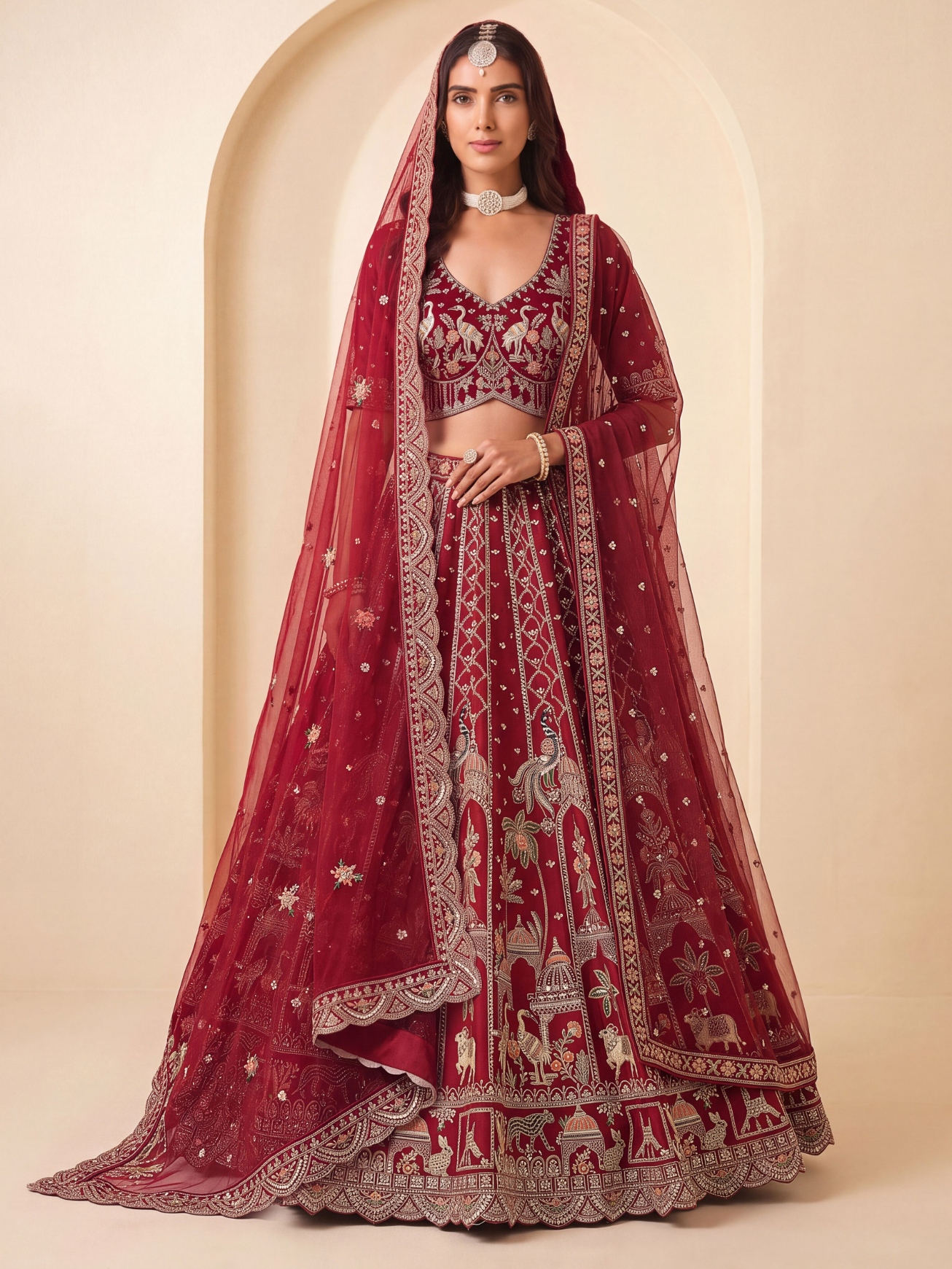 Red Peacock Zari Sequins Silk Bridal Lehenga Choli