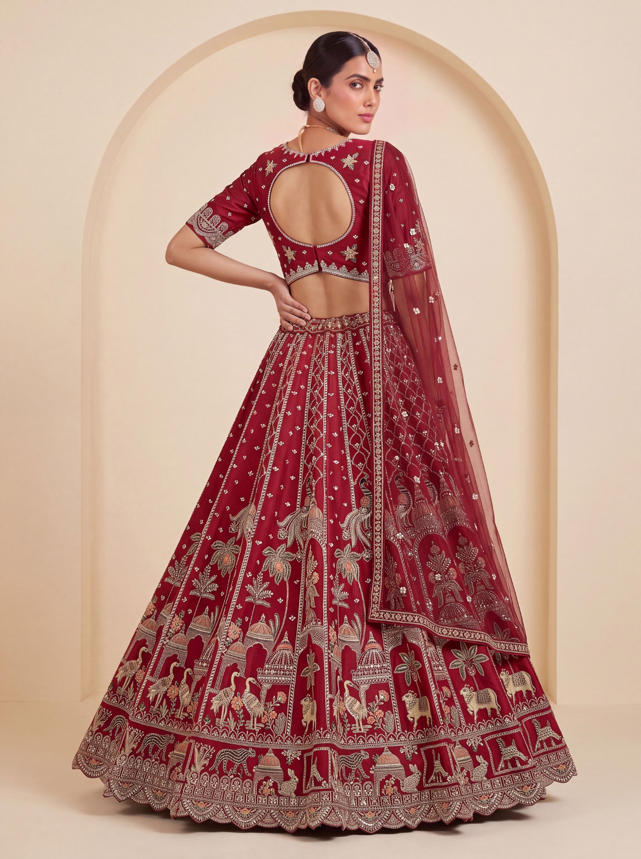 Red Peacock Zari Sequins Silk Bridal Lehenga Choli — alternate view