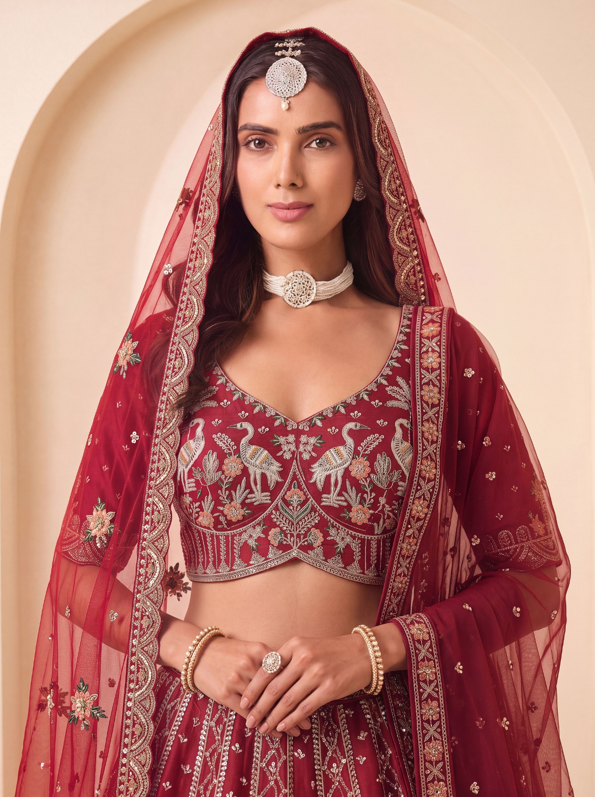 Red Peacock Zari Sequins Silk Bridal Lehenga Choli