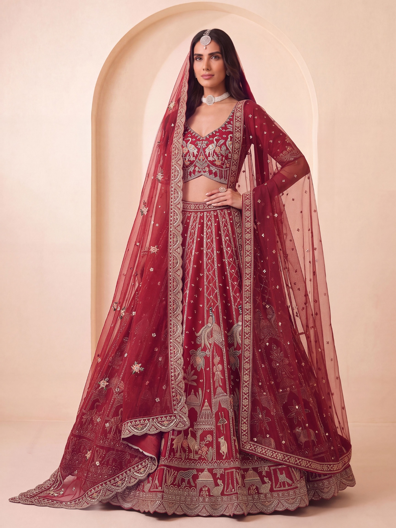 Red Peacock Zari Sequins Silk Bridal Lehenga Choli