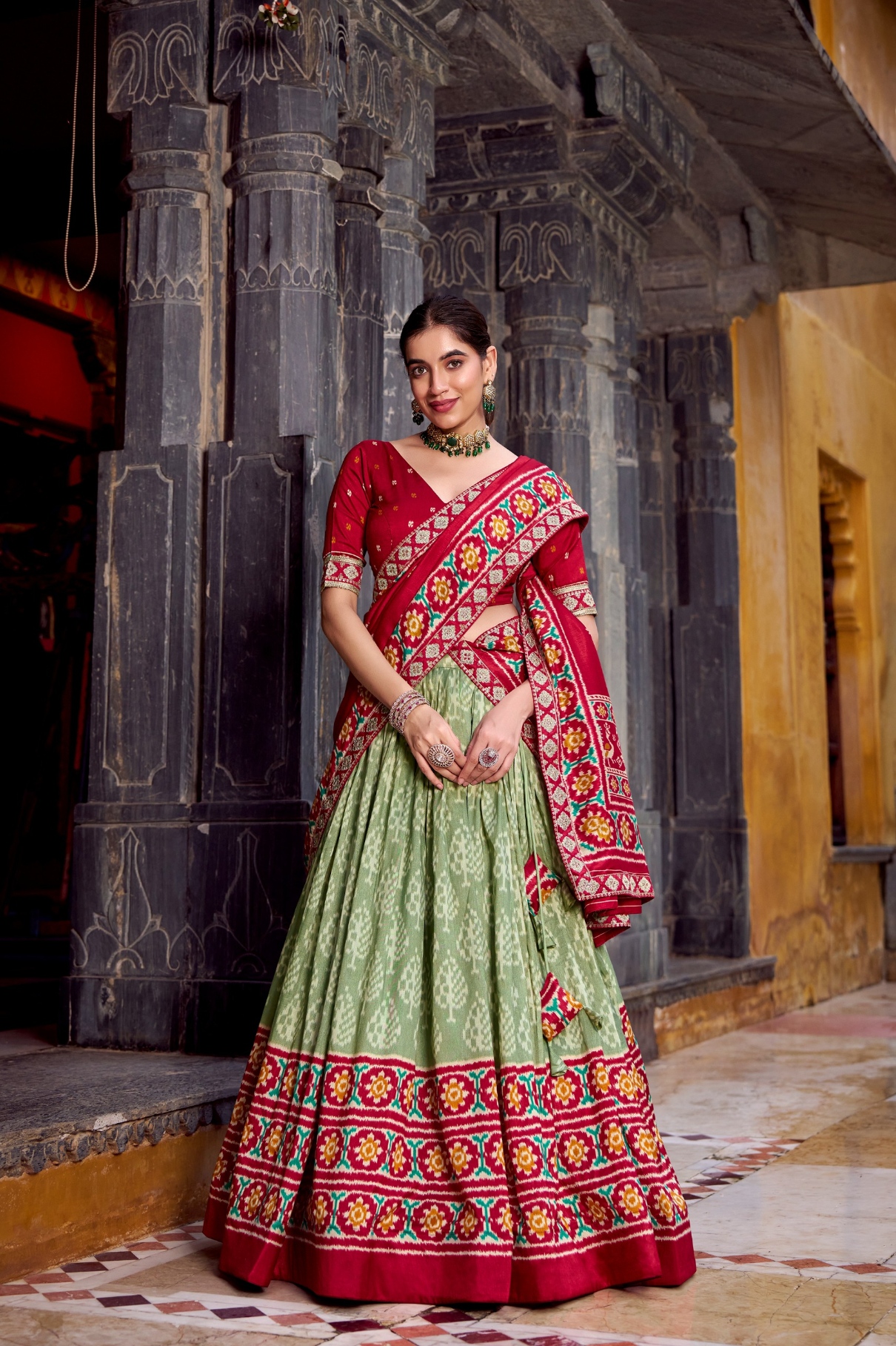 Red Pista Ikkat Tussar Silk Lehenga Choli
