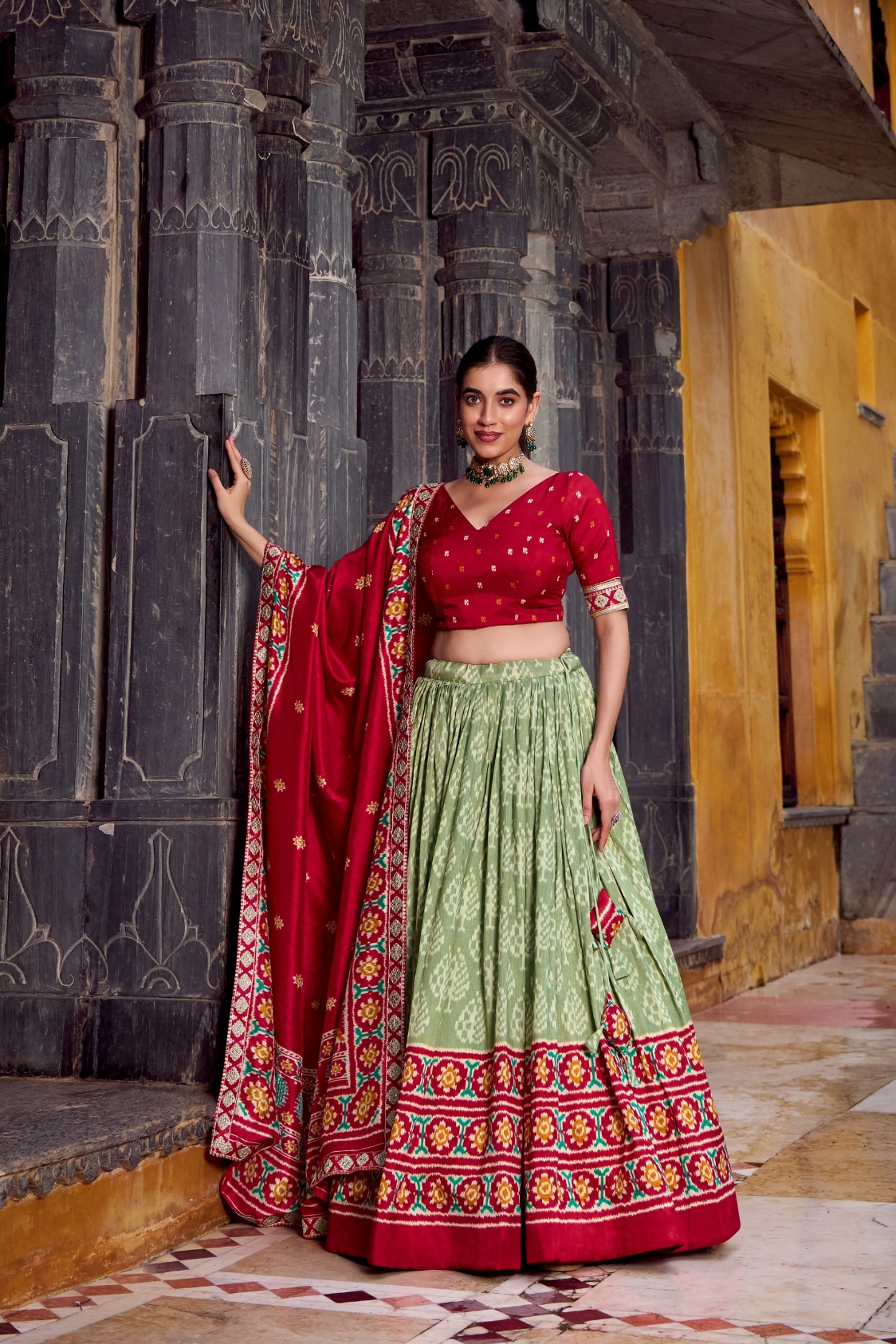 Red Pista Ikkat Tussar Silk Lehenga Choli