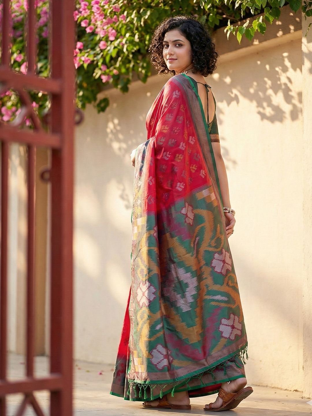 Red Pochampally Silk Woven Saree — alternate view