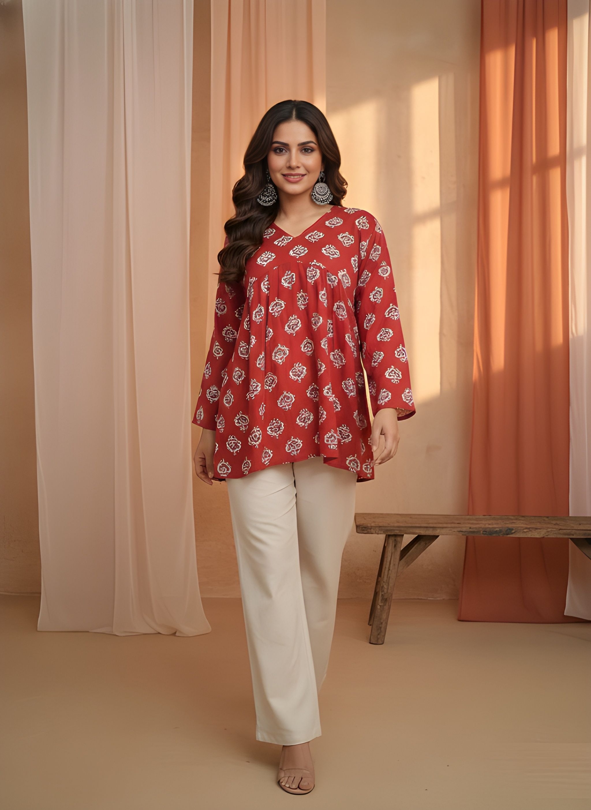 Red Printed Cotton A-Line Kurti