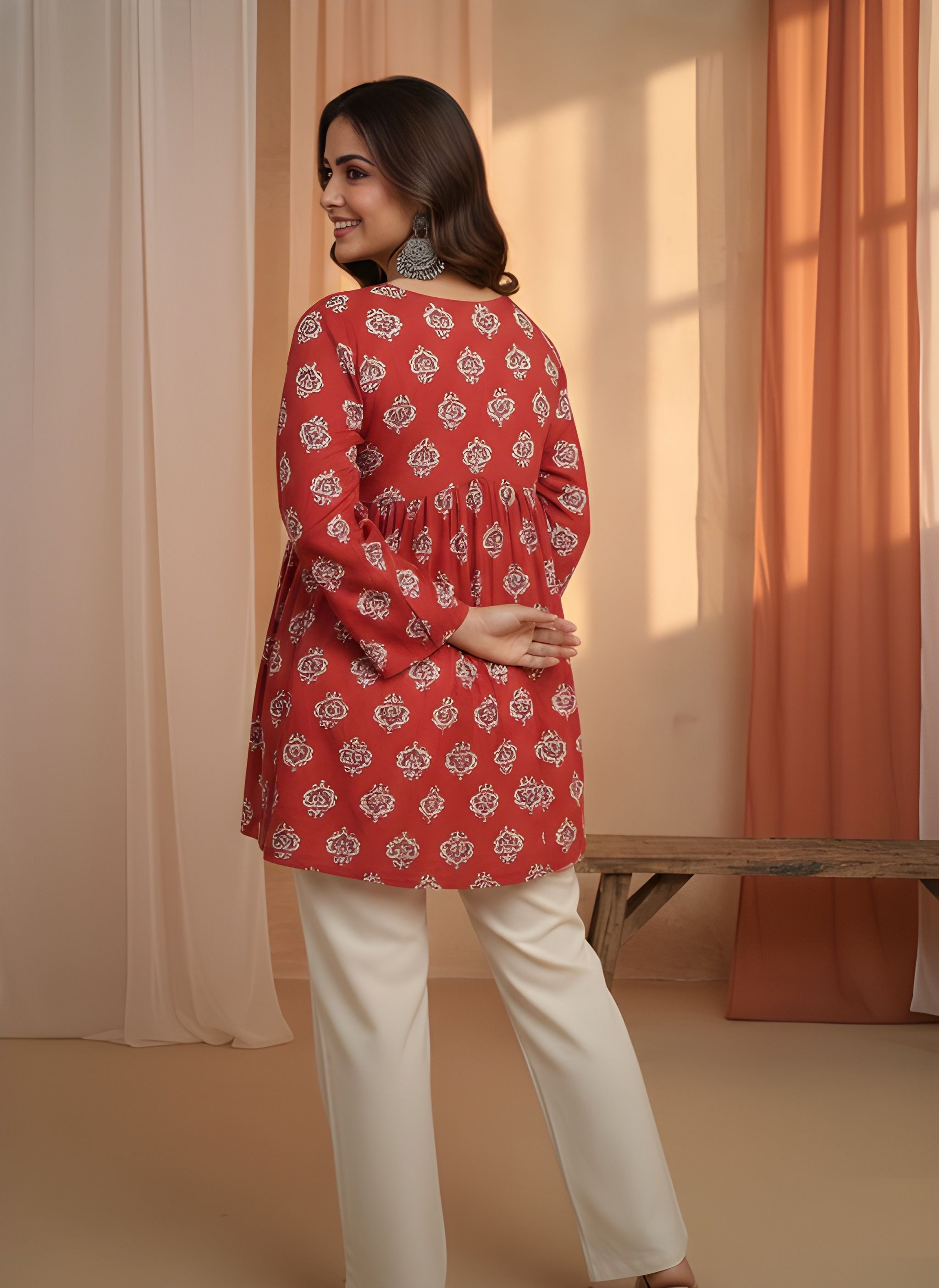 Red Printed Cotton A-Line Kurti — alternate view