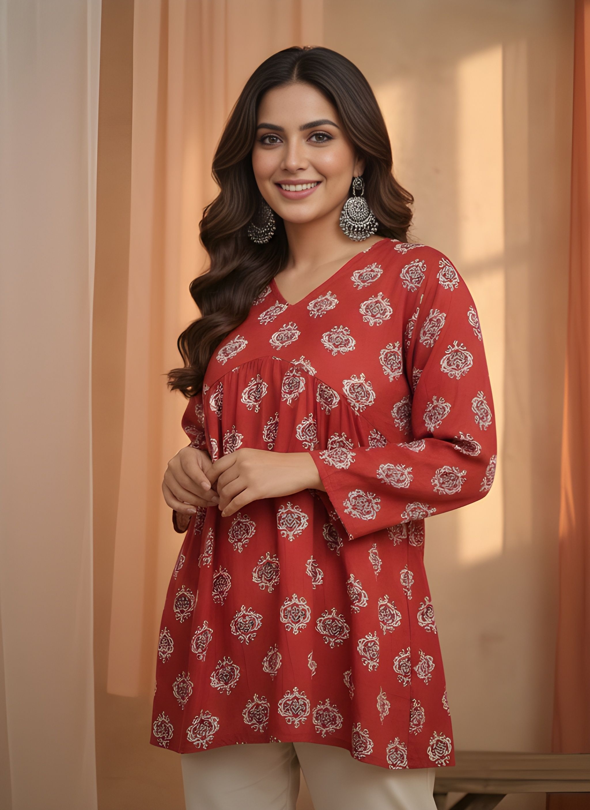 Red Printed Cotton A-Line Kurti