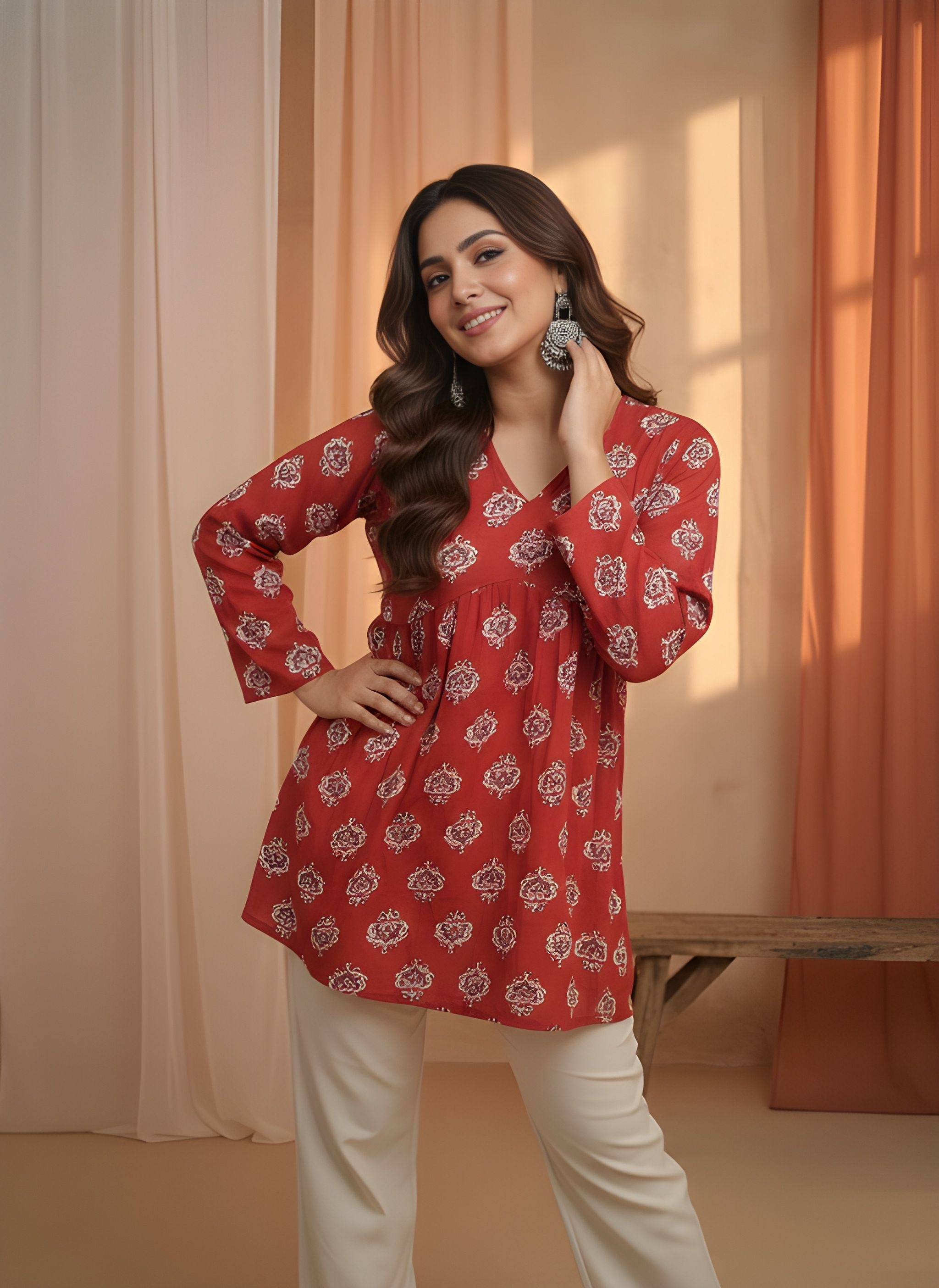 Red Printed Cotton A-Line Kurti
