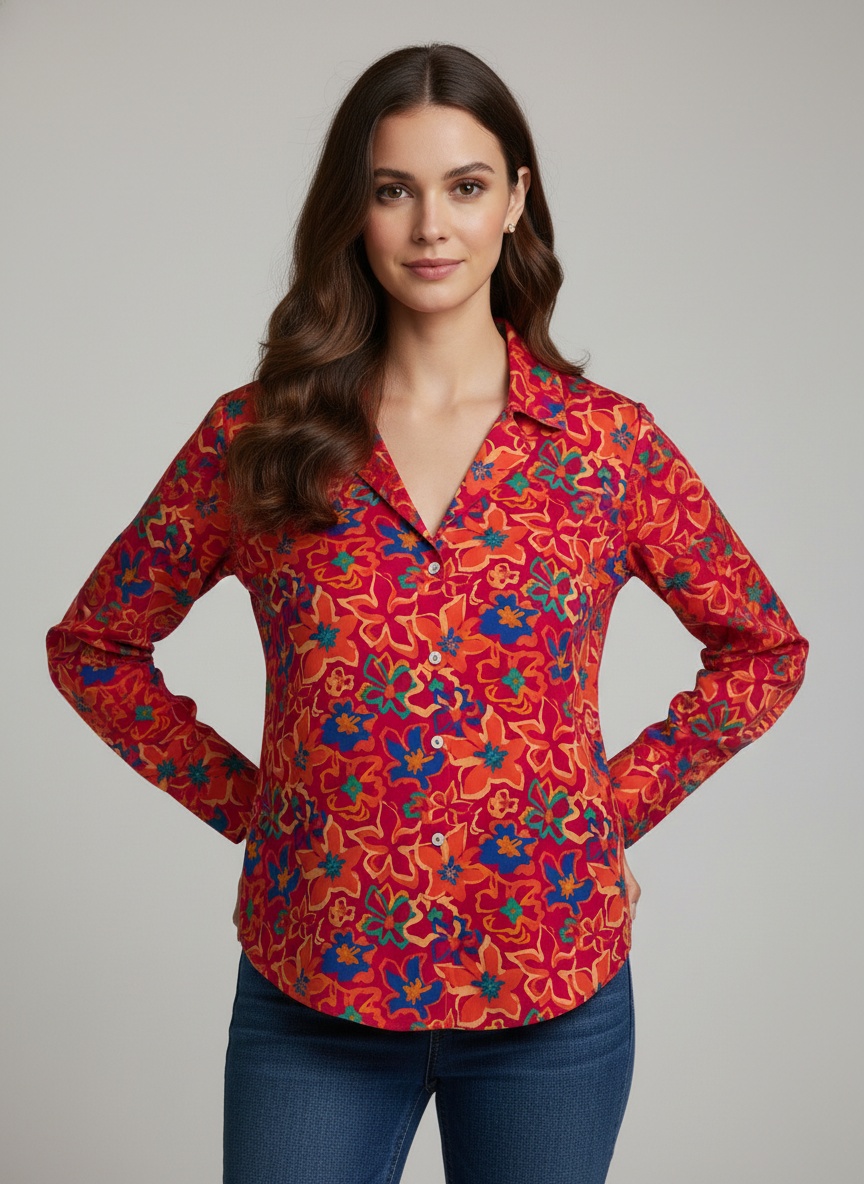 Red Printed Crepe Classic Shirt