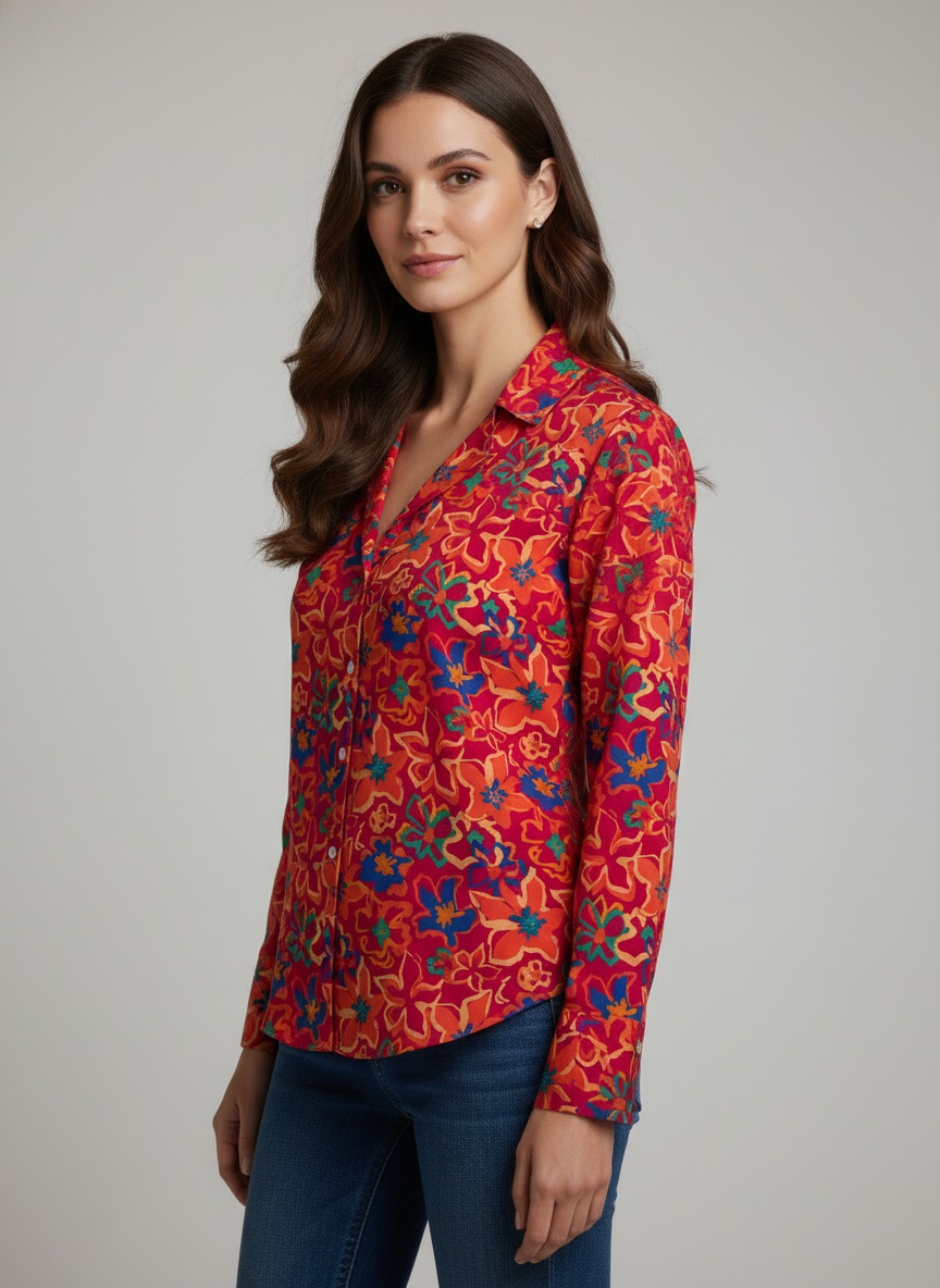 Red Printed Crepe Classic Shirt