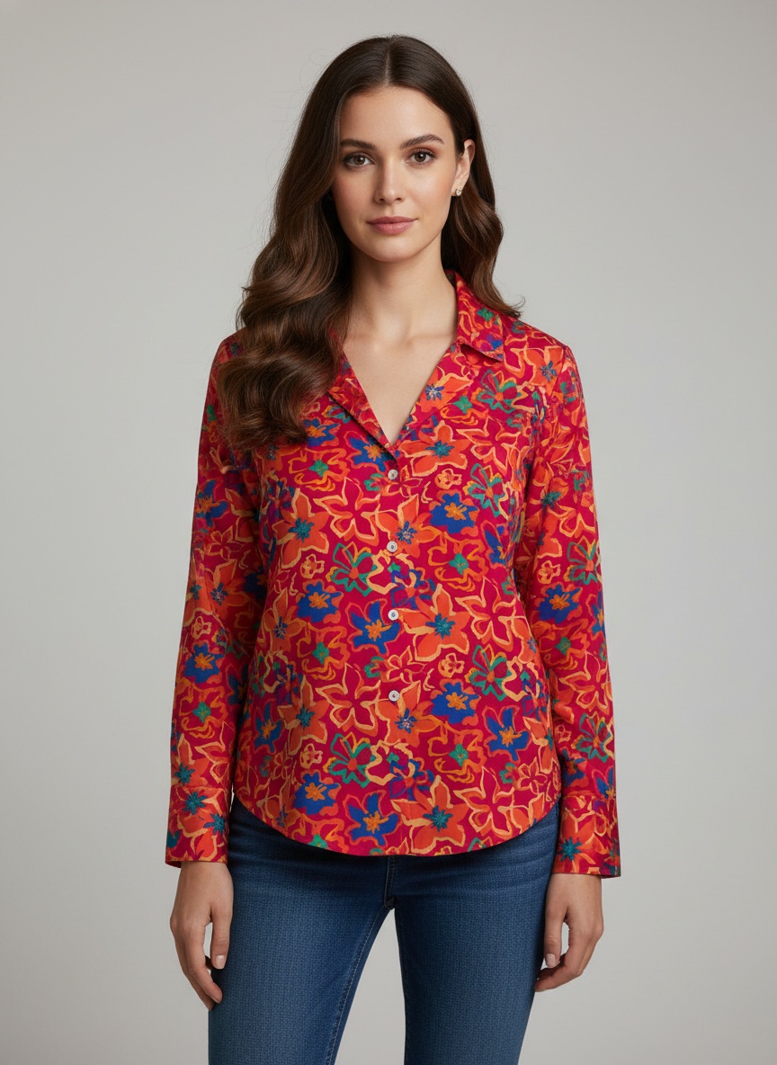 Red Printed Crepe Classic Shirt