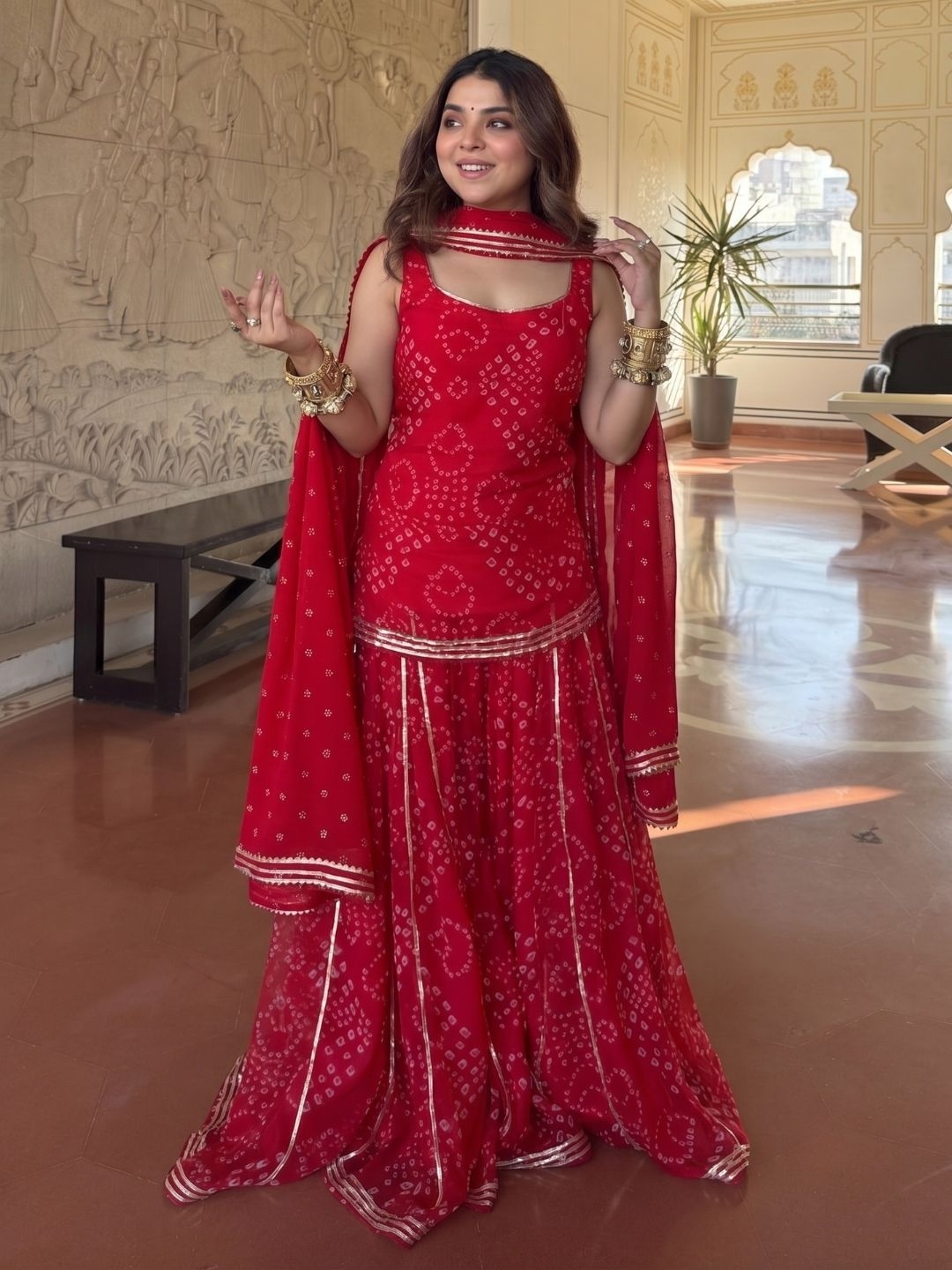 Red Printed Georgette Sharara Suit