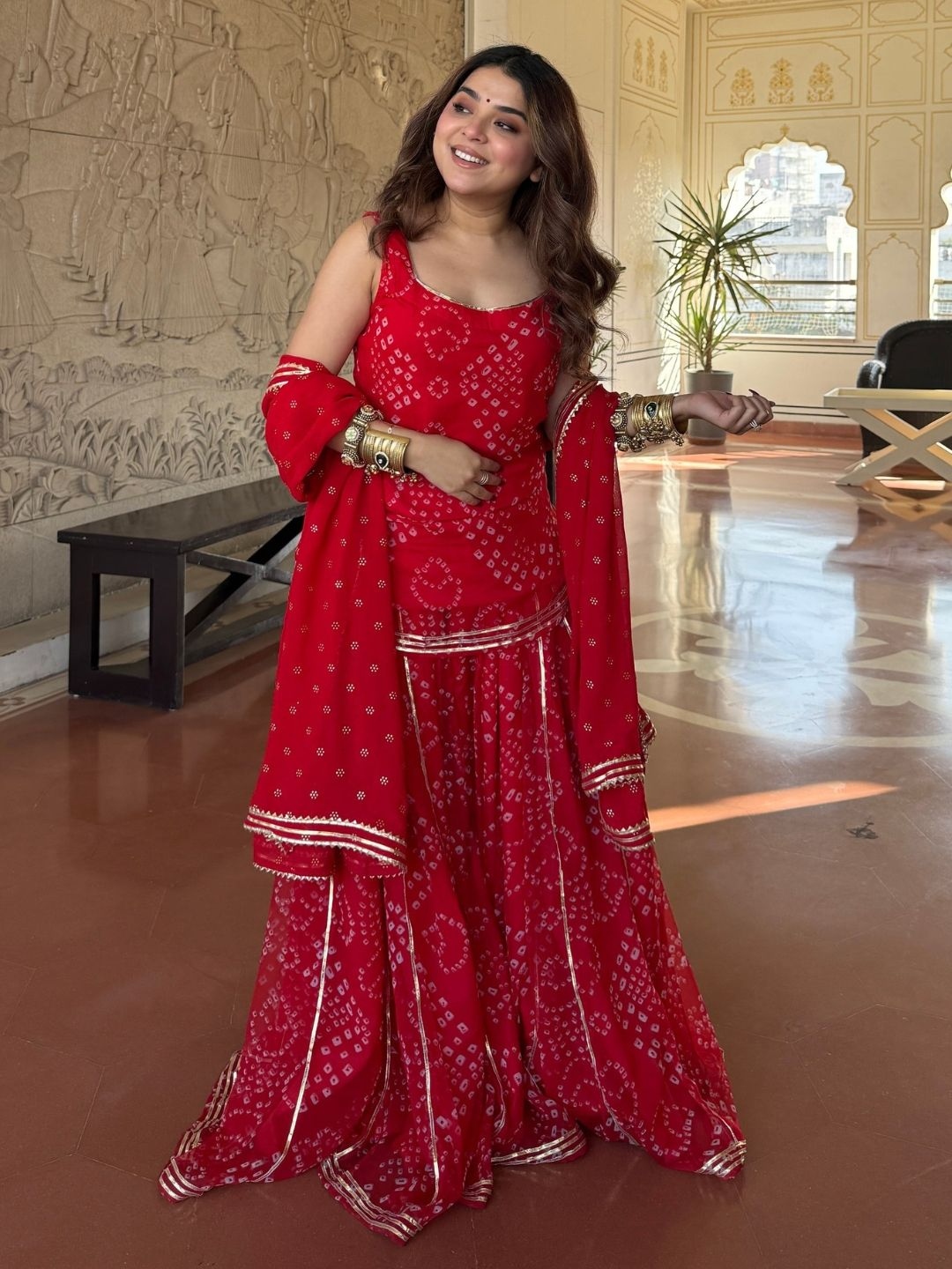 Red Printed Georgette Sharara Suit