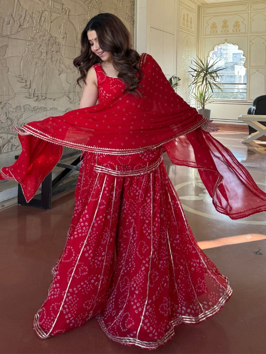 Red Printed Georgette Sharara Suit