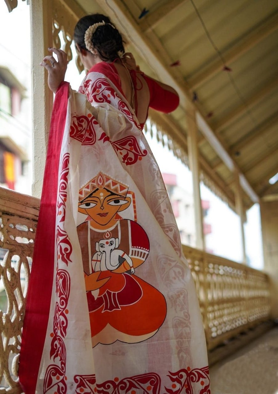 Red Printed Linen Cotton Saree — alternate view