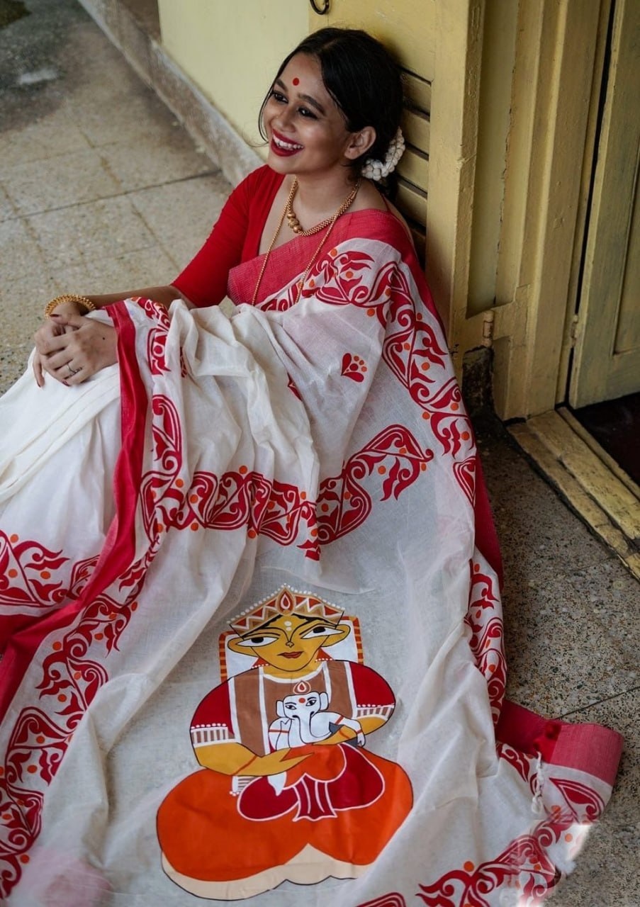 Red Printed Linen Cotton Saree