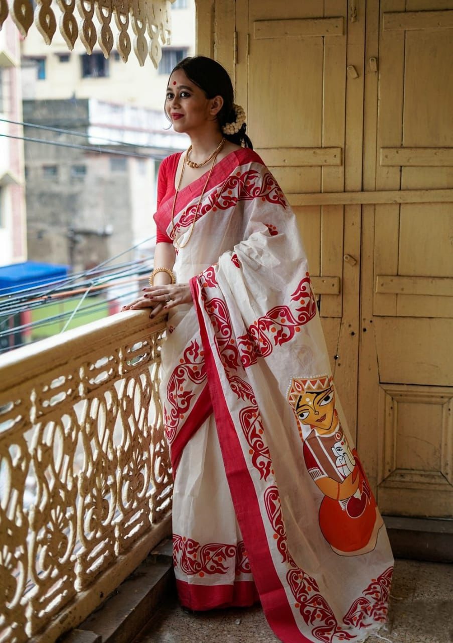 Red Printed Linen Cotton Saree