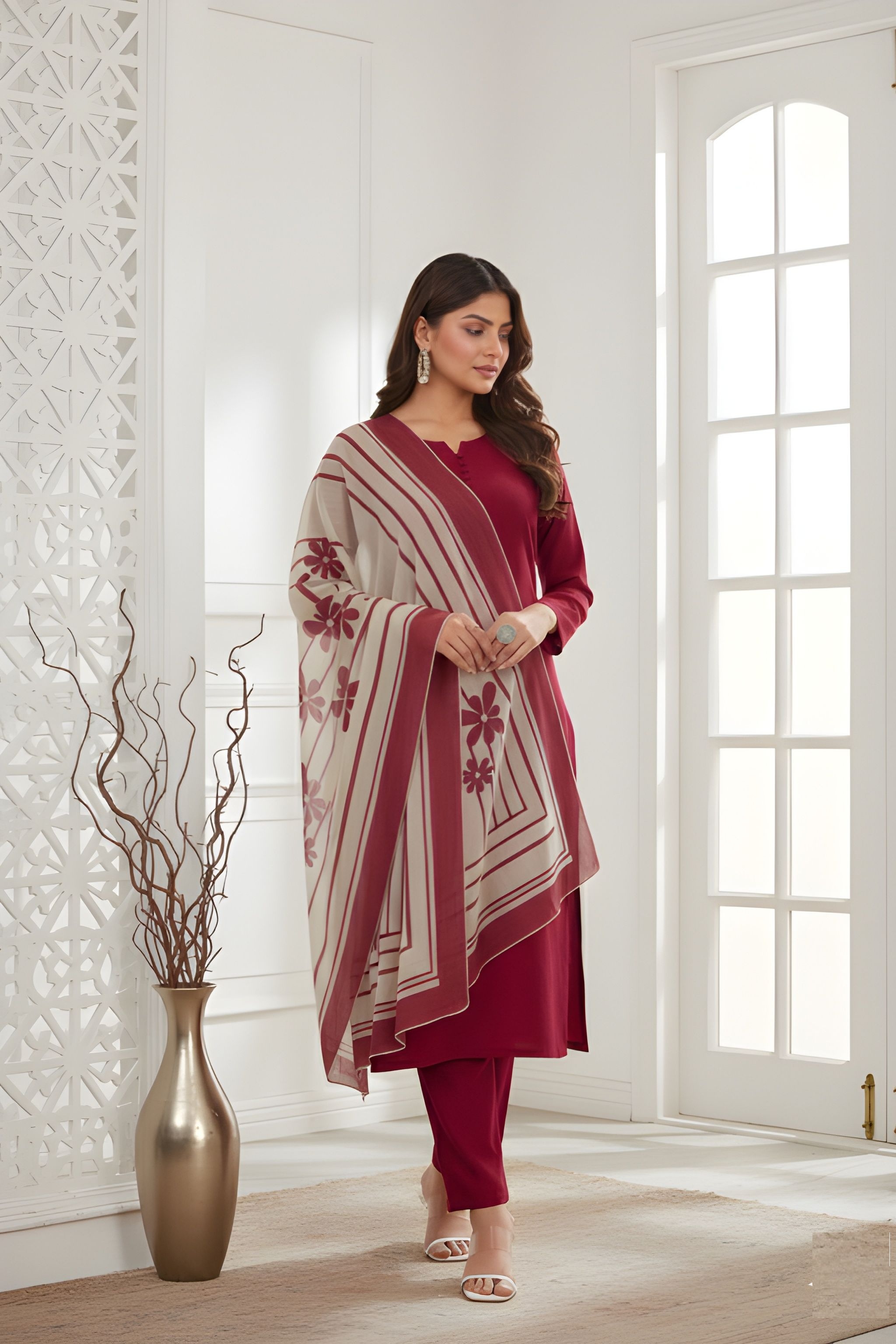 Red Printed Roman Silk Salwar Suit