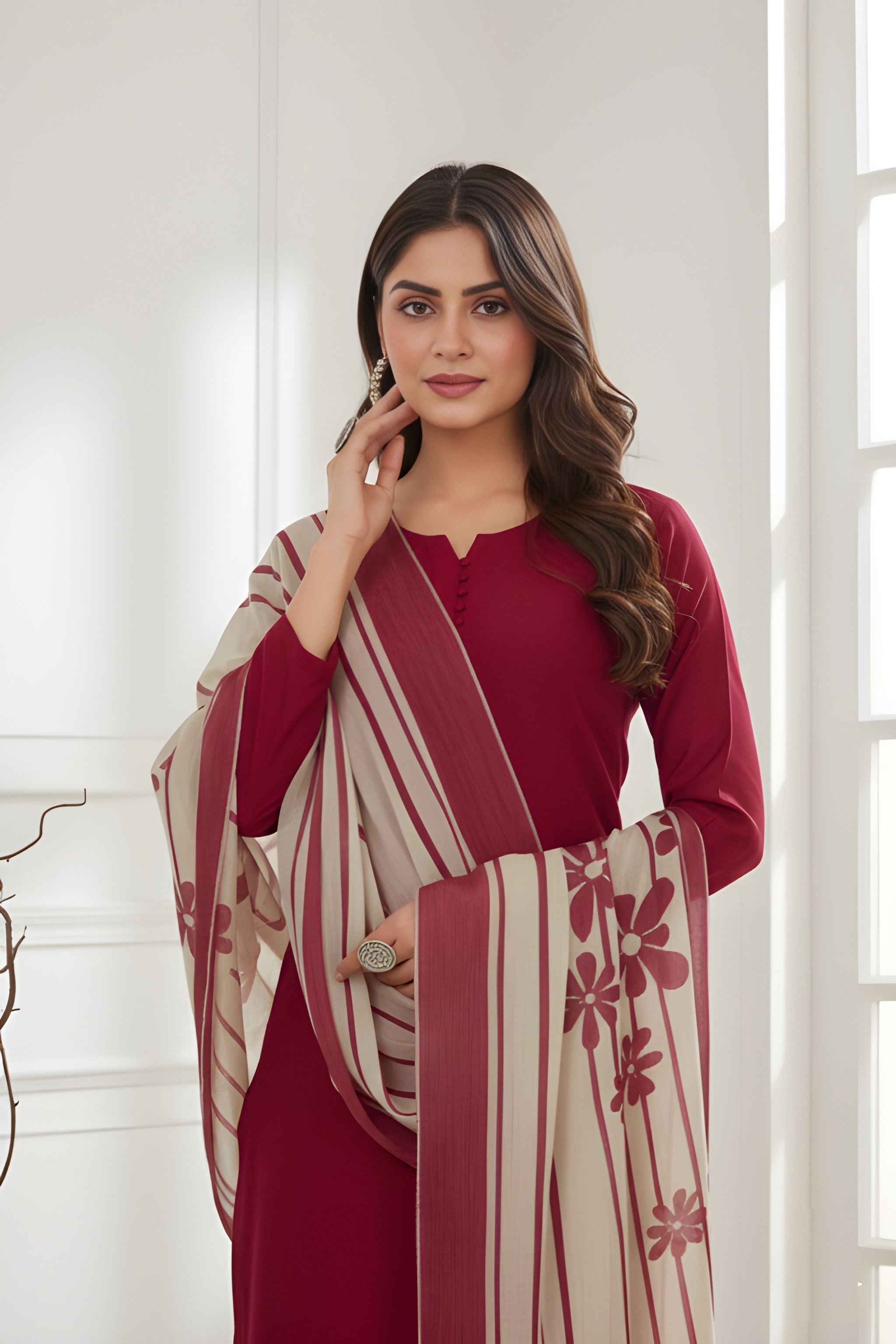 Red Printed Roman Silk Salwar Suit
