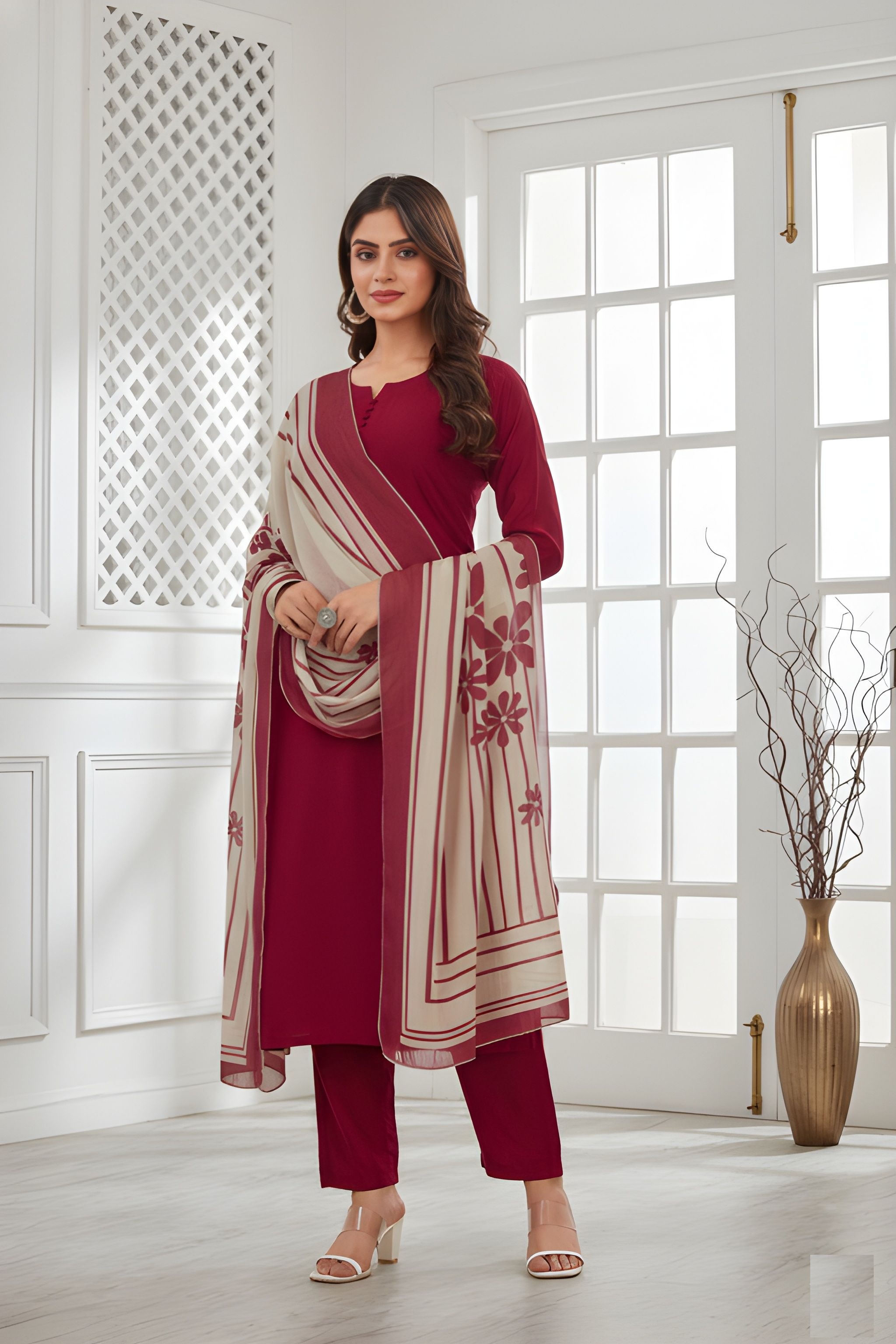Red Printed Roman Silk Salwar Suit
