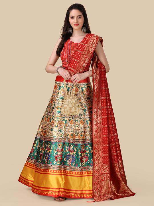 Red Printed Satin Silk Lehenga