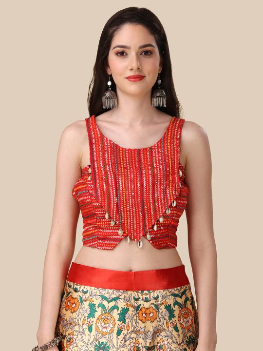 Red Printed Satin Silk Lehenga