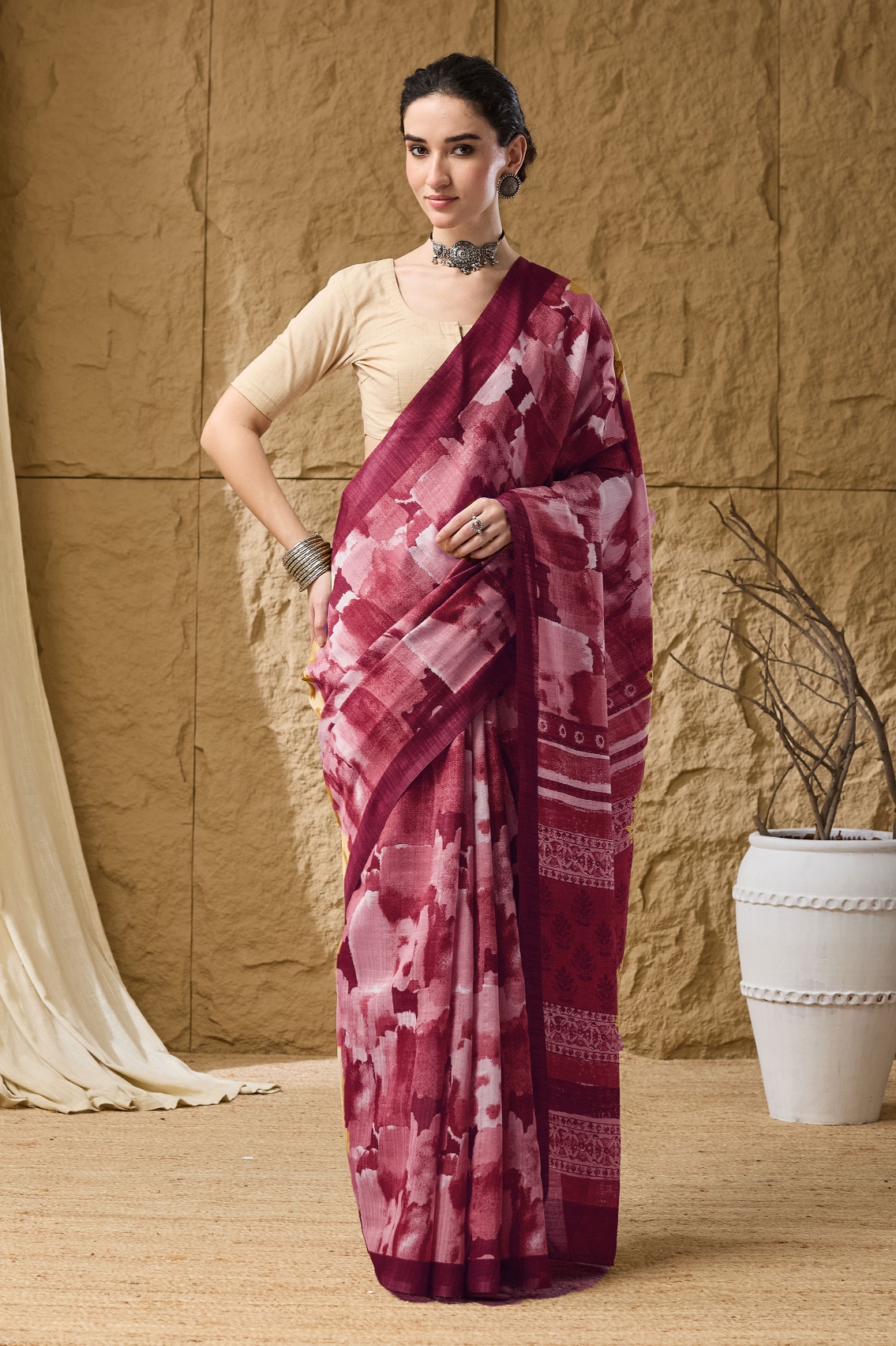 Red Printed Silk Blend Ready To Wear Saree