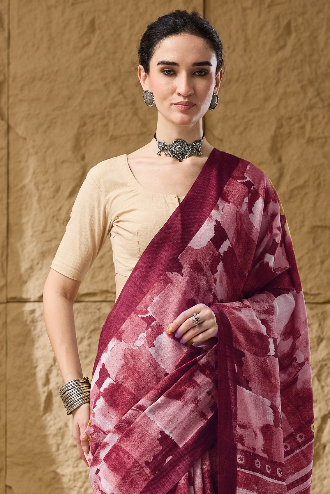 Red Printed Silk Blend Ready To Wear Saree