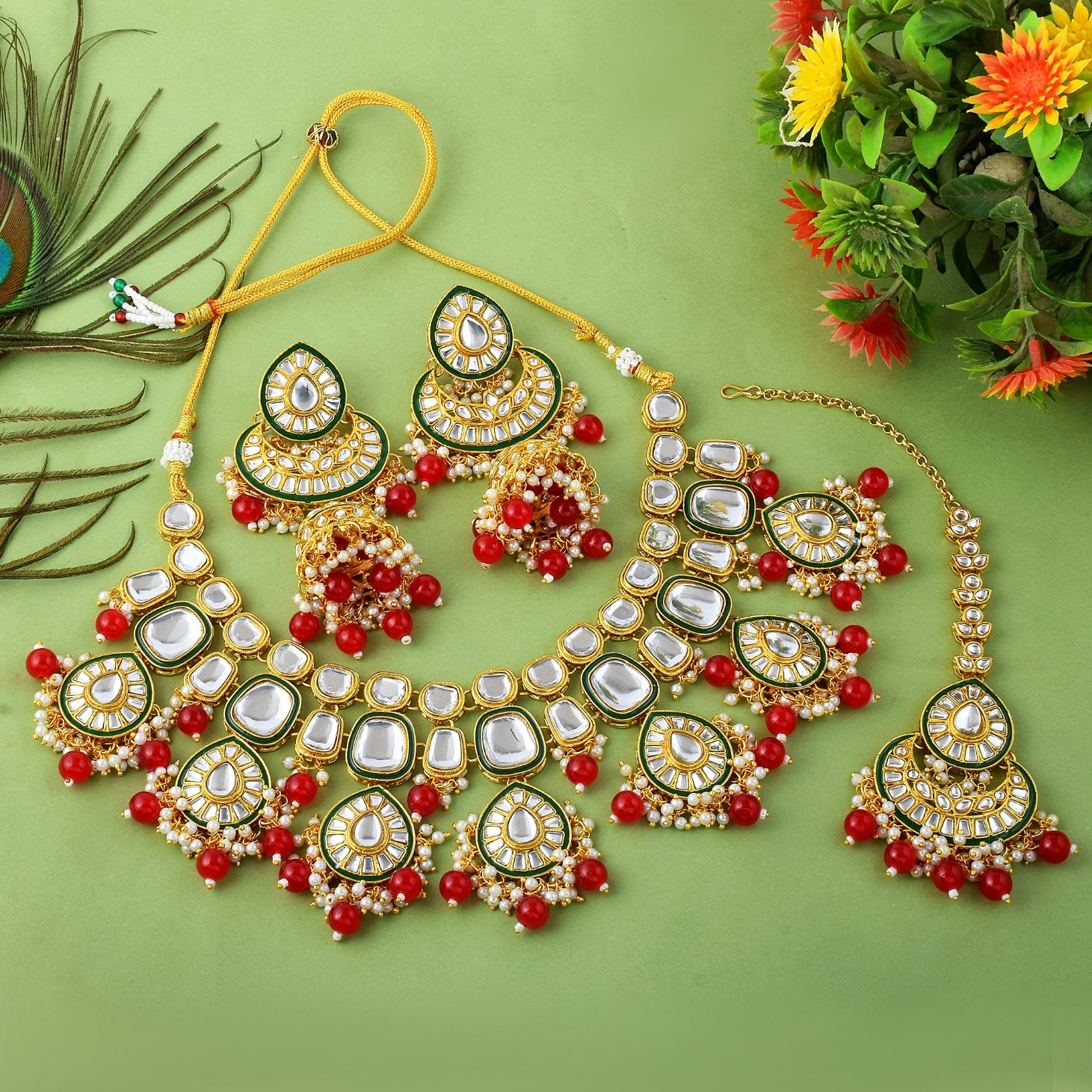 Red Rajwadi Kundan Bridal Jewellery Set — alternate view