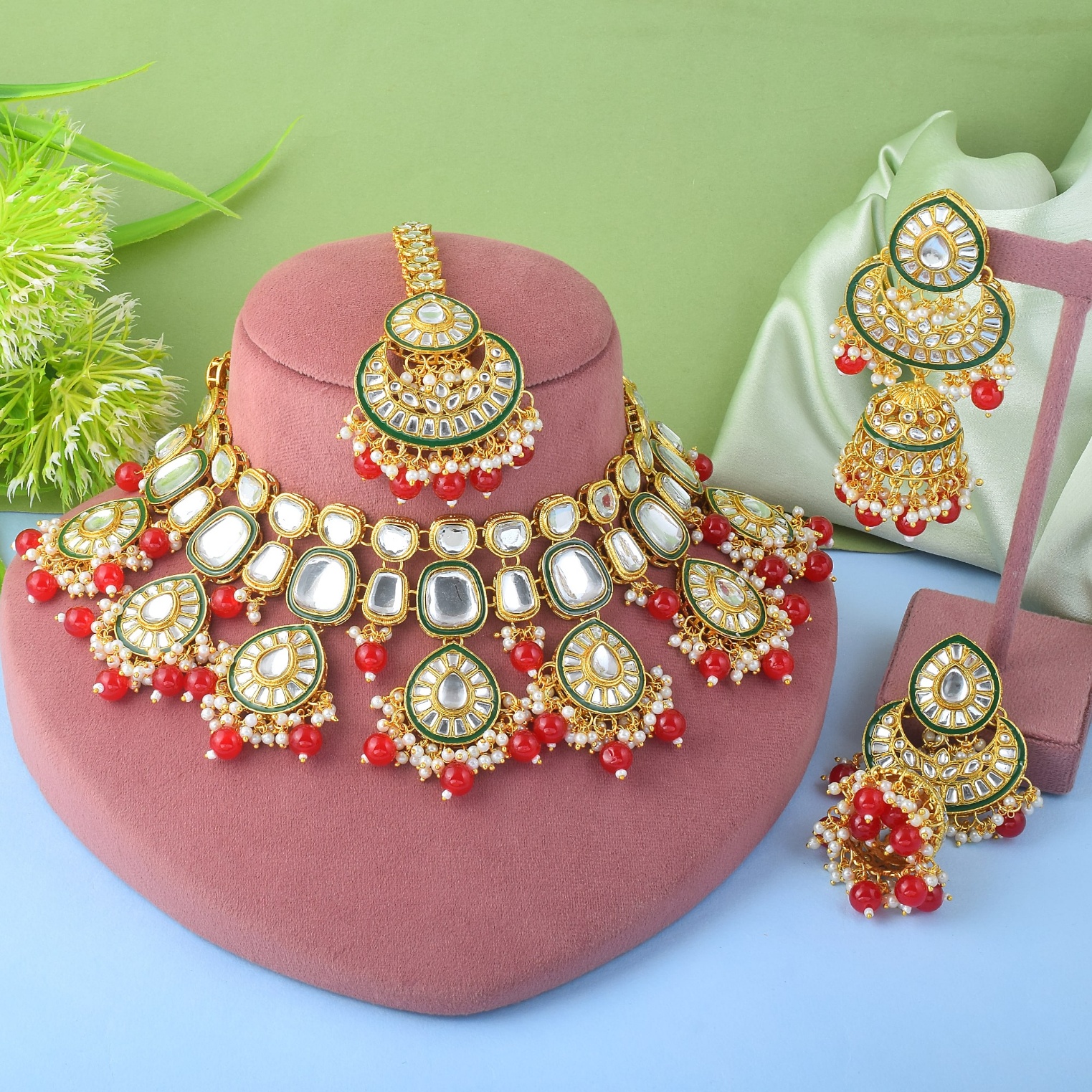 Red Rajwadi Kundan Bridal Jewellery Set