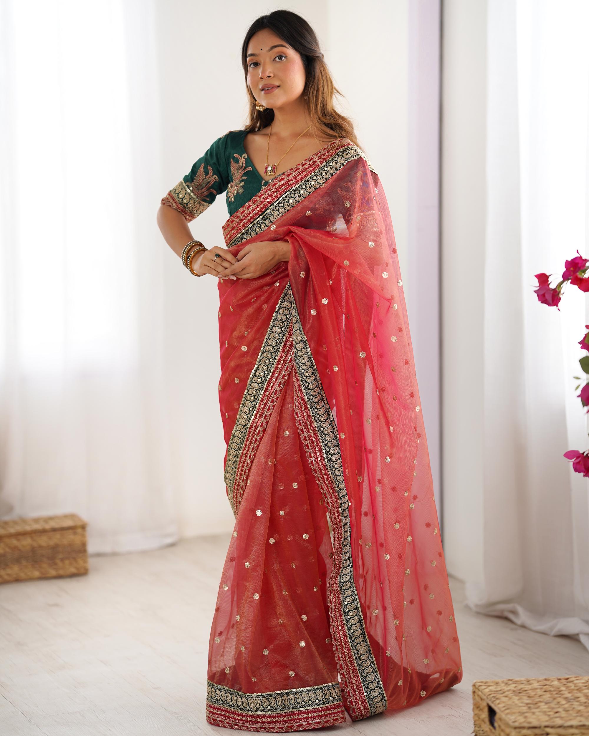 Red Rama Sequin Embroidered Banarasi Crush Saree