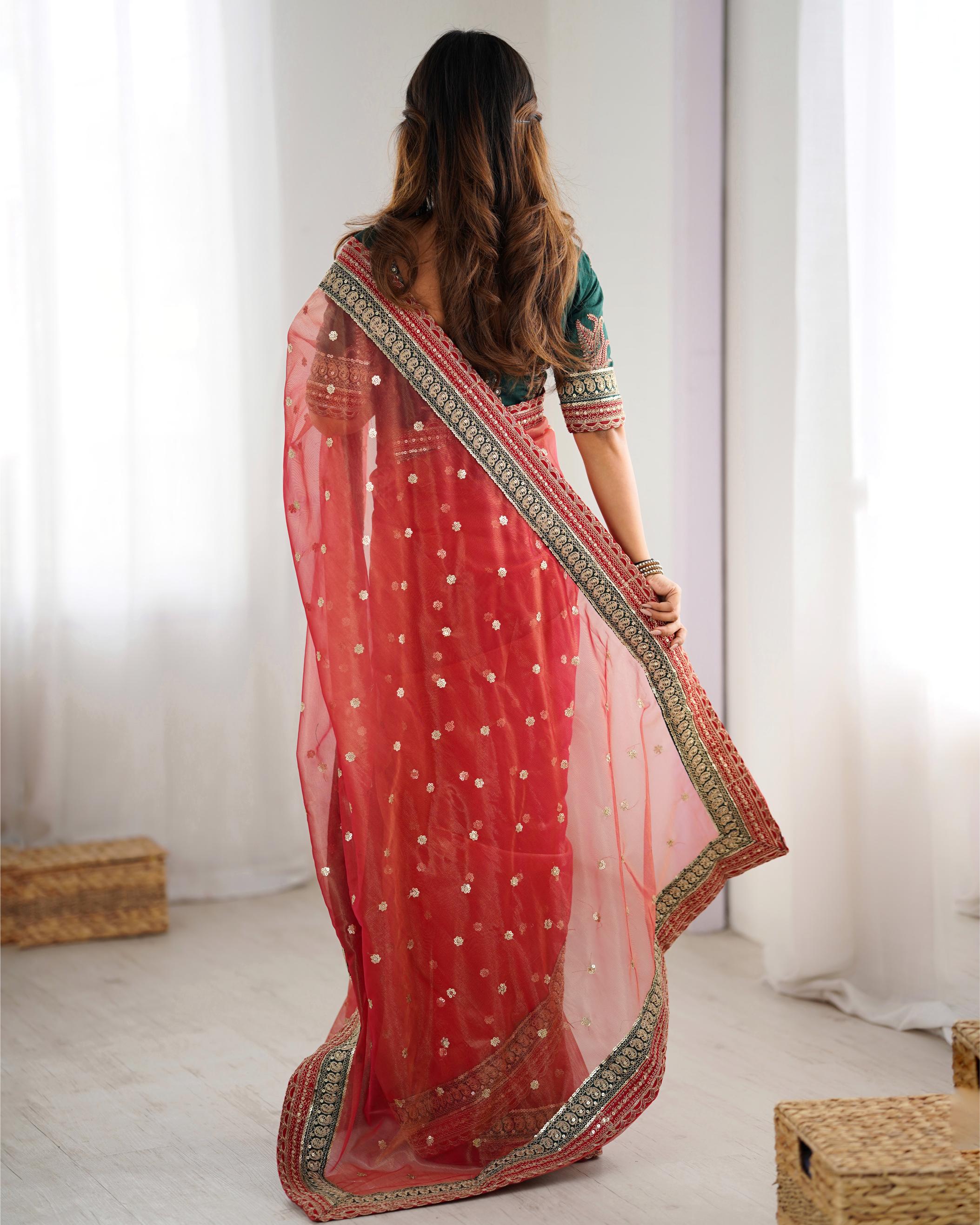 Red Rama Sequin Embroidered Banarasi Crush Saree — alternate view