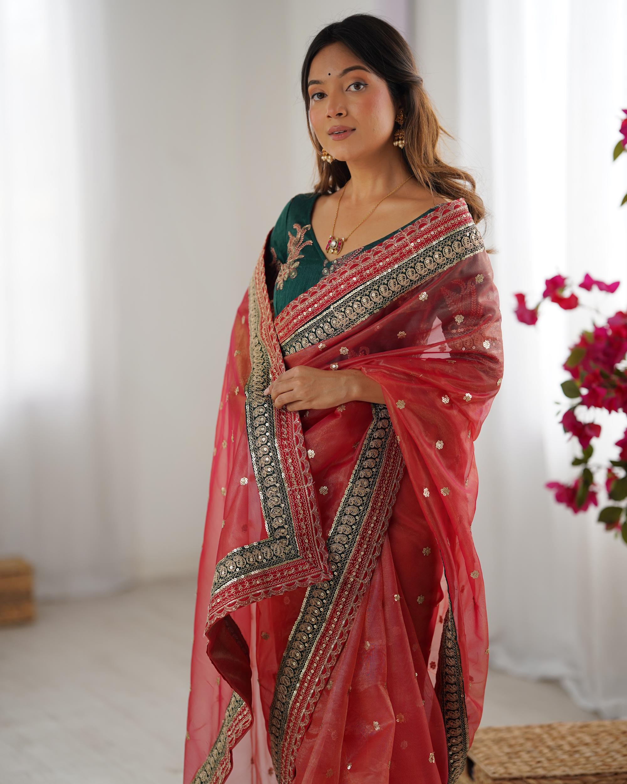 Red Rama Sequin Embroidered Banarasi Crush Saree