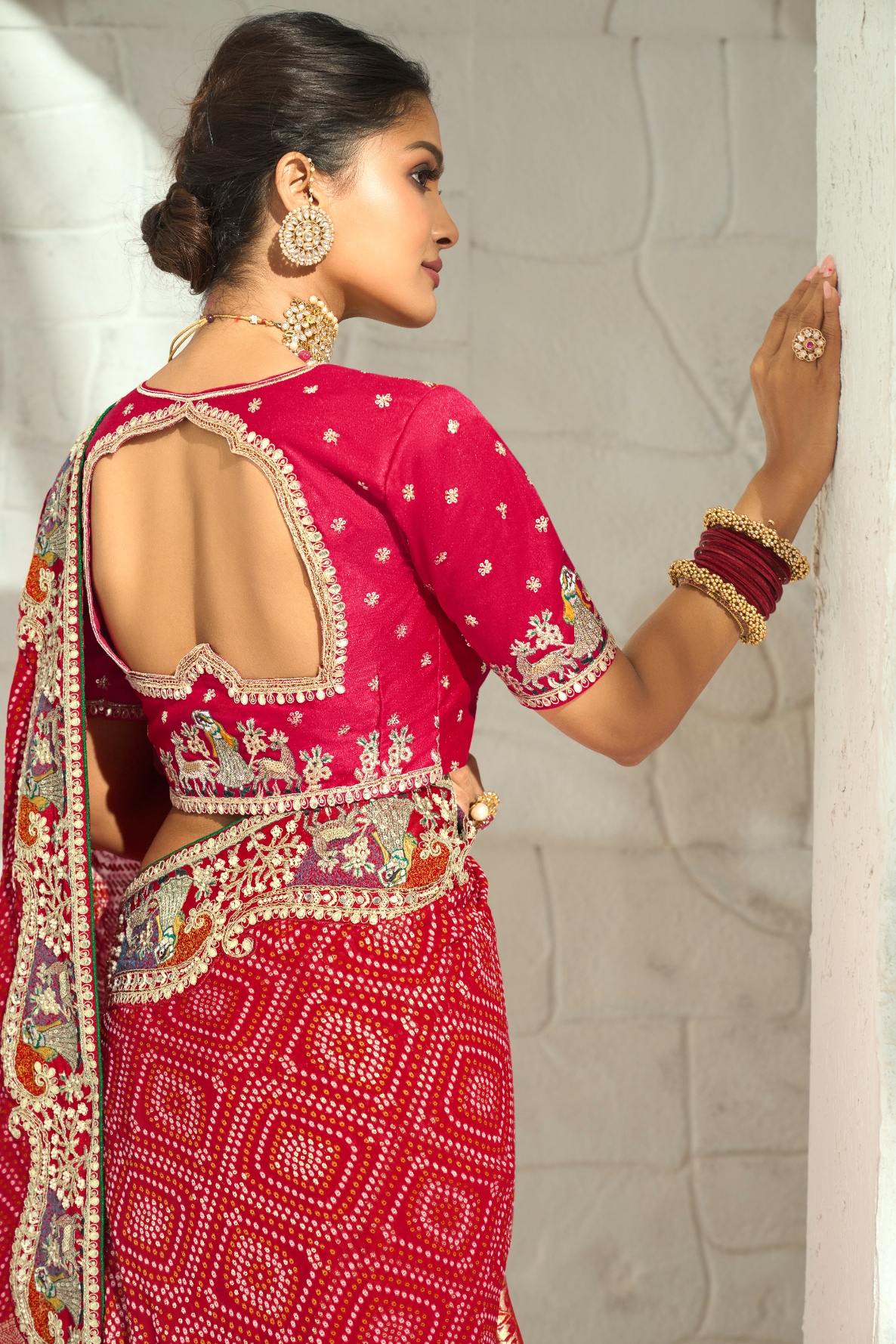 Red Rani Pink Bandhej Moti Work Georgette Saree — alternate view