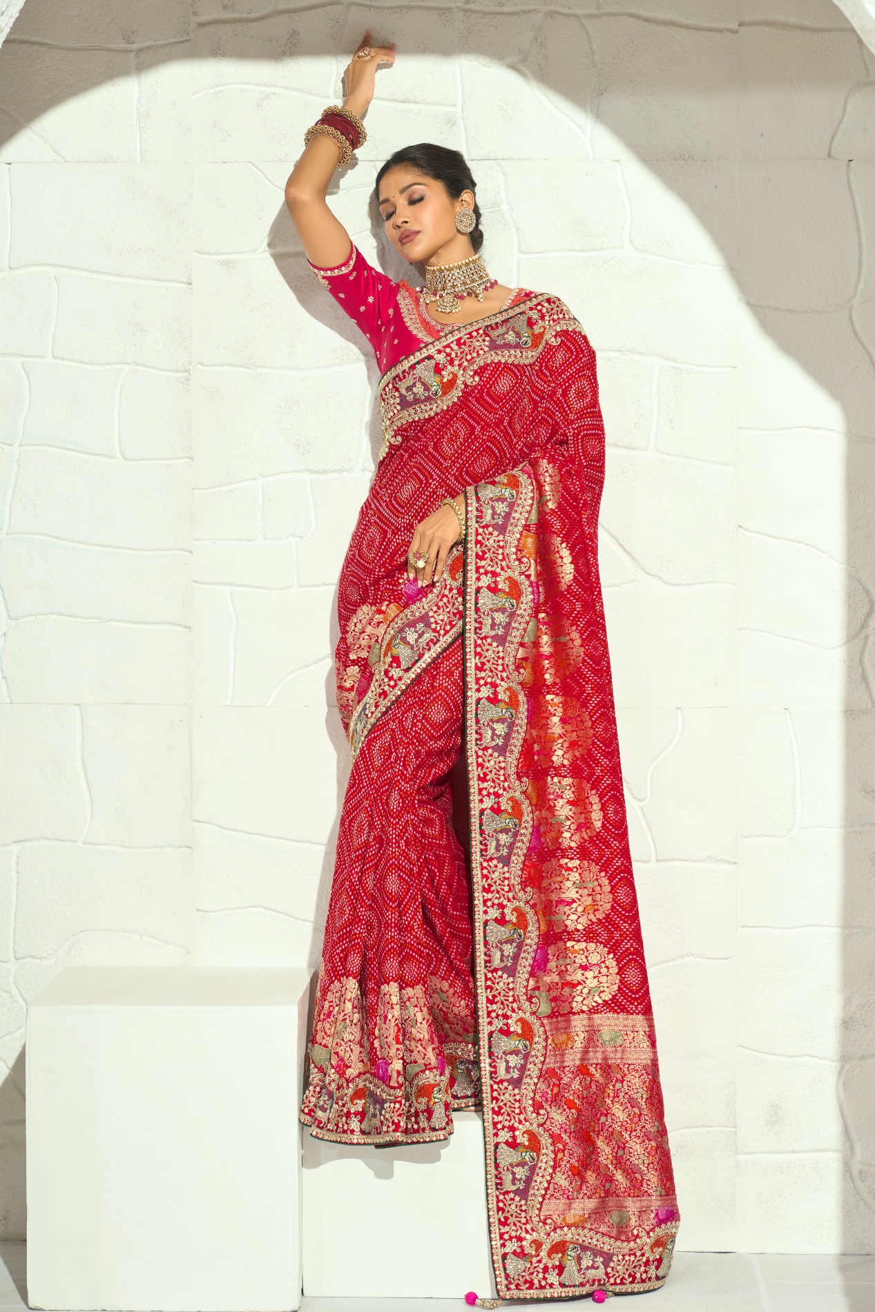 Red Rani Pink Bandhej Moti Work Georgette Saree
