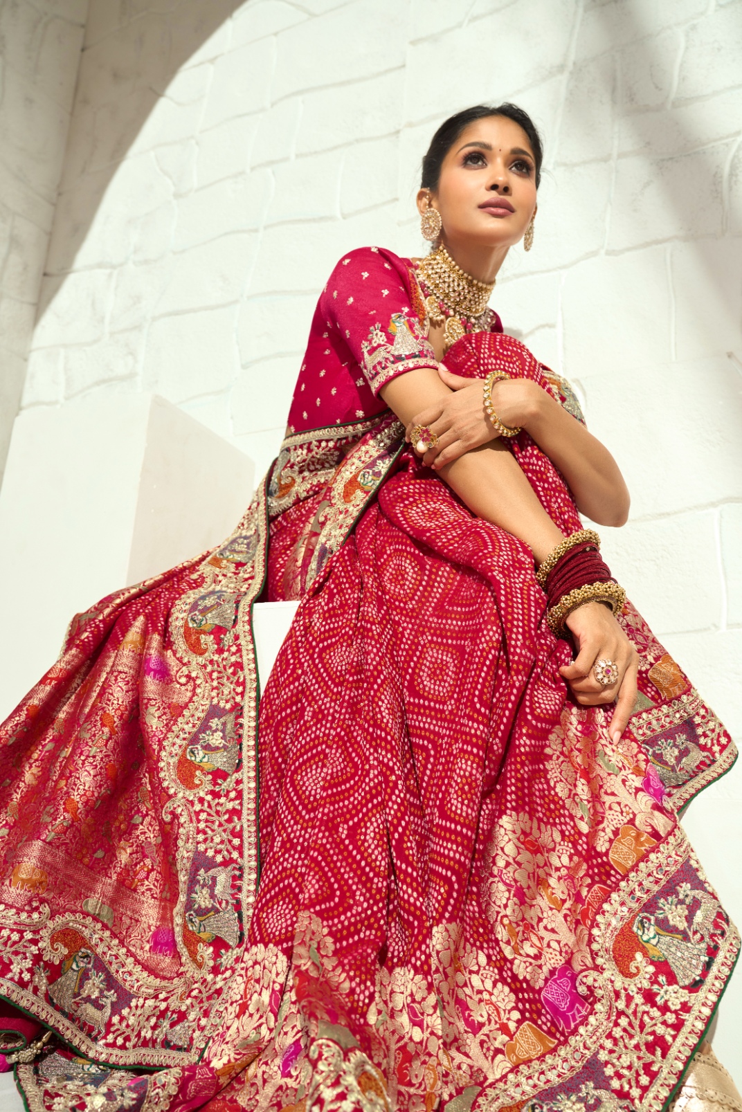 Red Rani Pink Bandhej Moti Work Georgette Saree