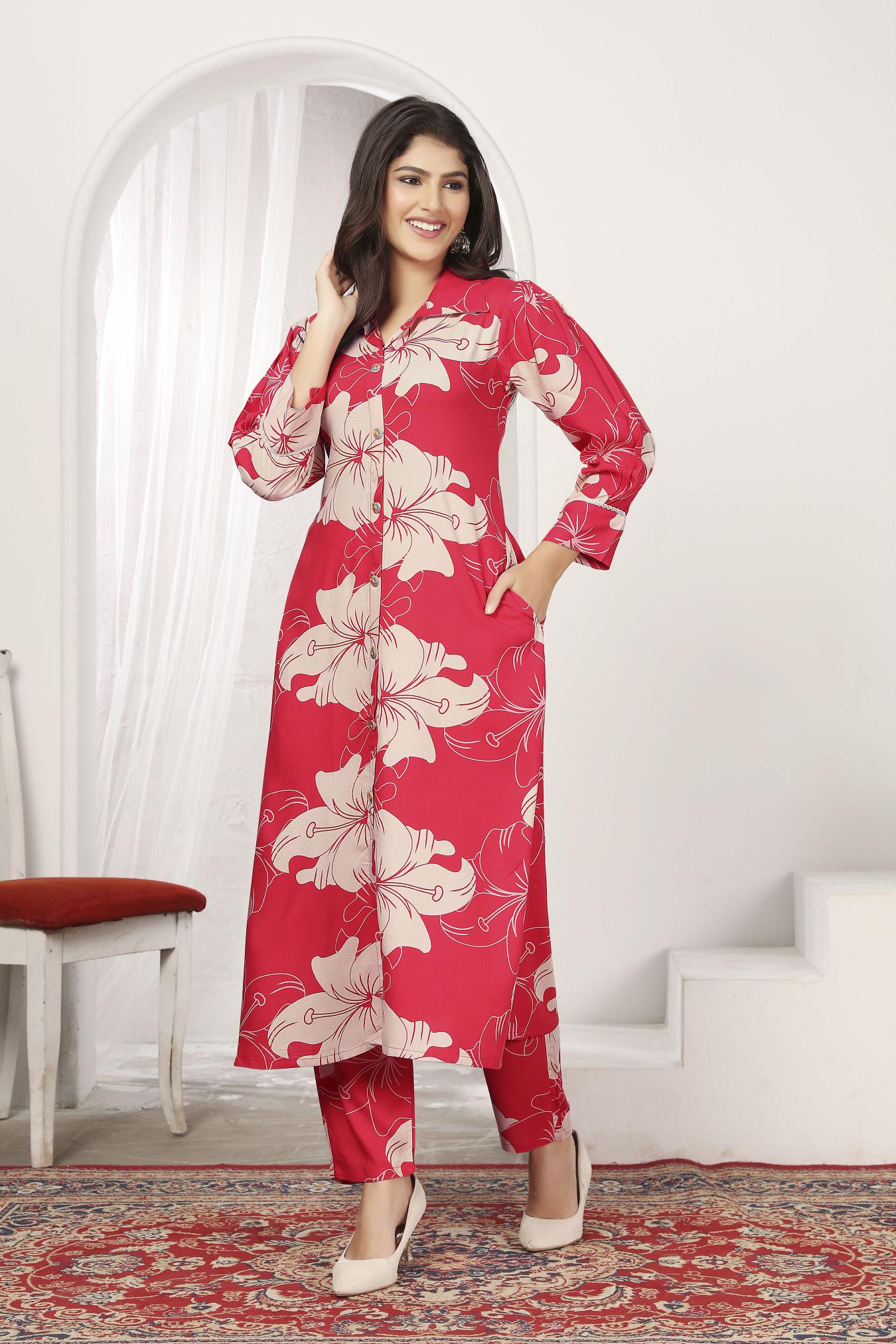 Red Rayon Designer Printed Kurti