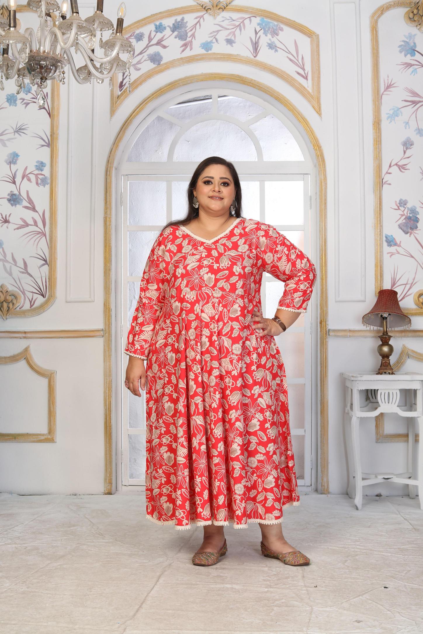Red Rayon Designer Printed Long Kurti