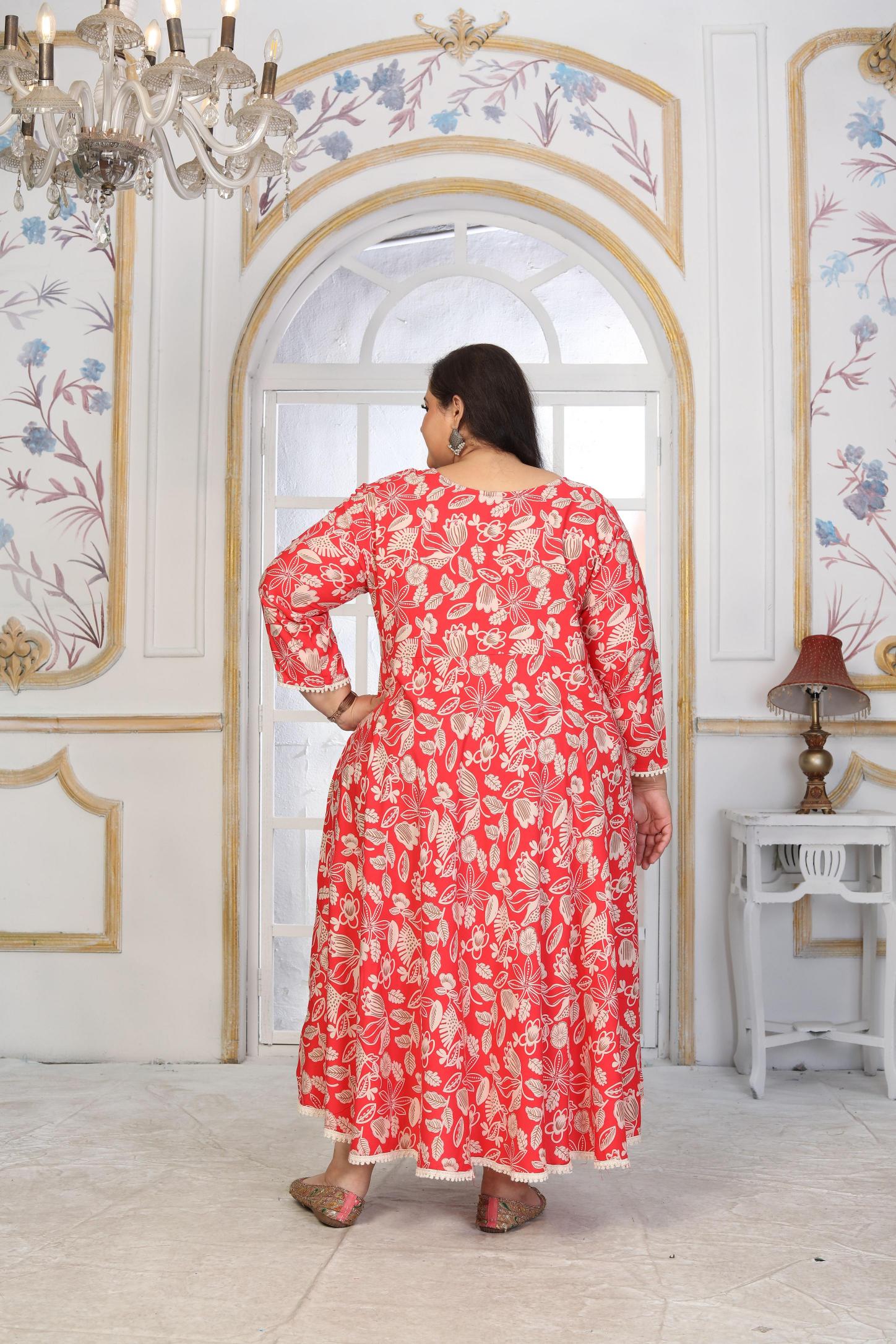 Red Rayon Designer Printed Long Kurti — alternate view