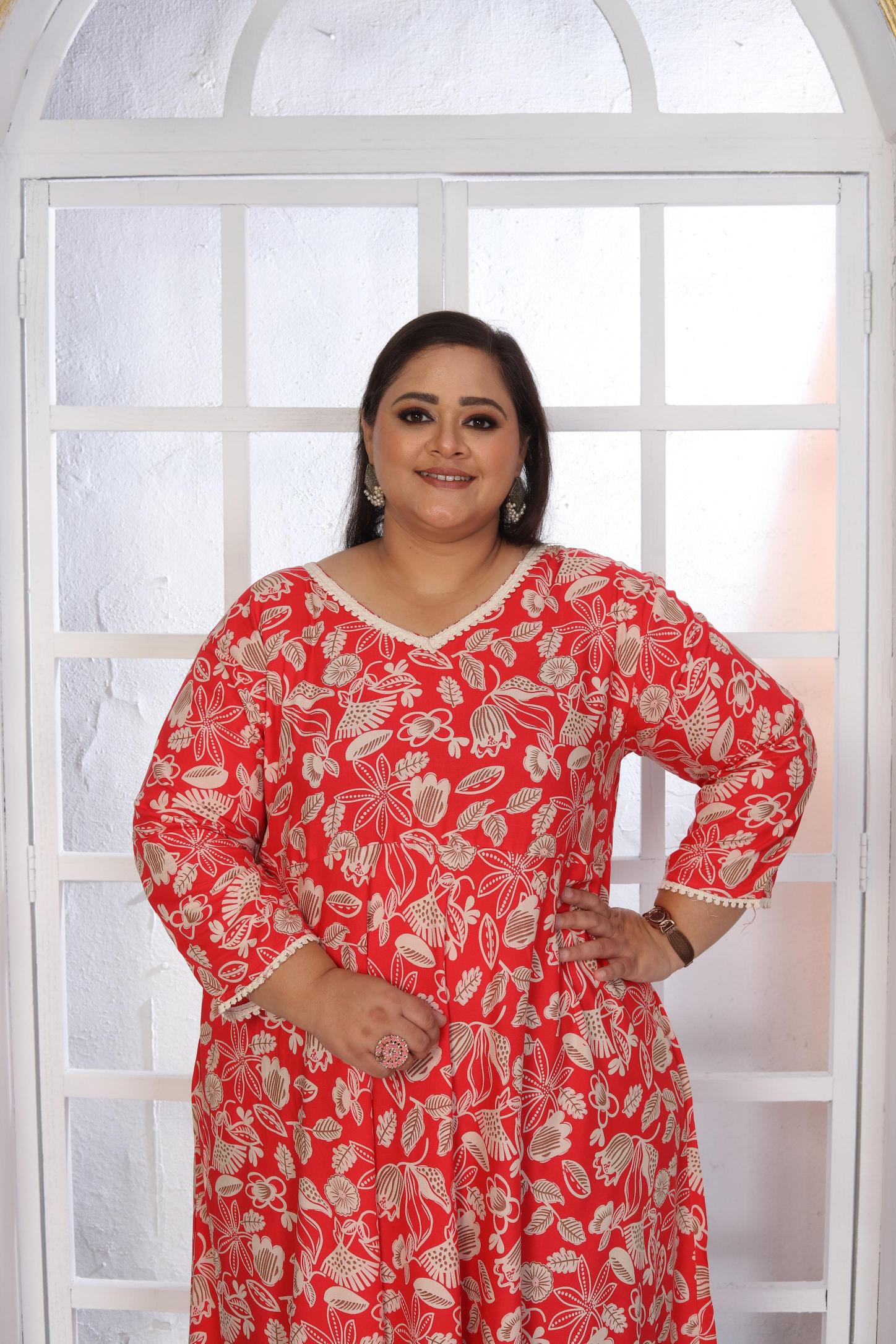 Red Rayon Designer Printed Long Kurti