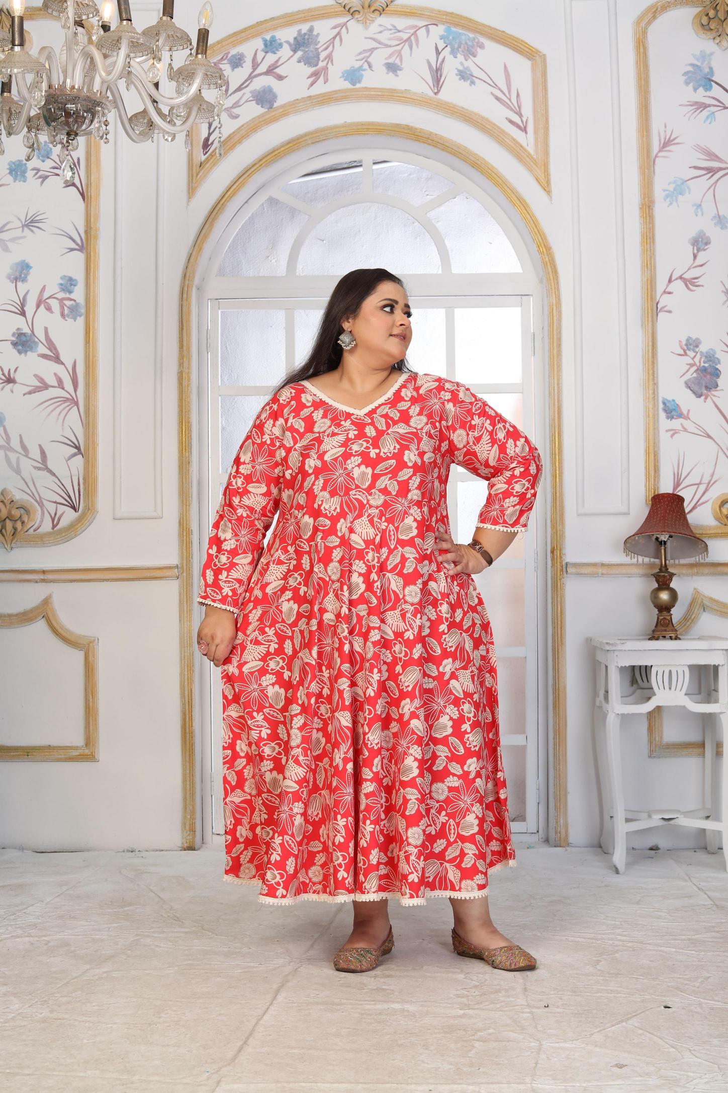 Red Rayon Designer Printed Long Kurti