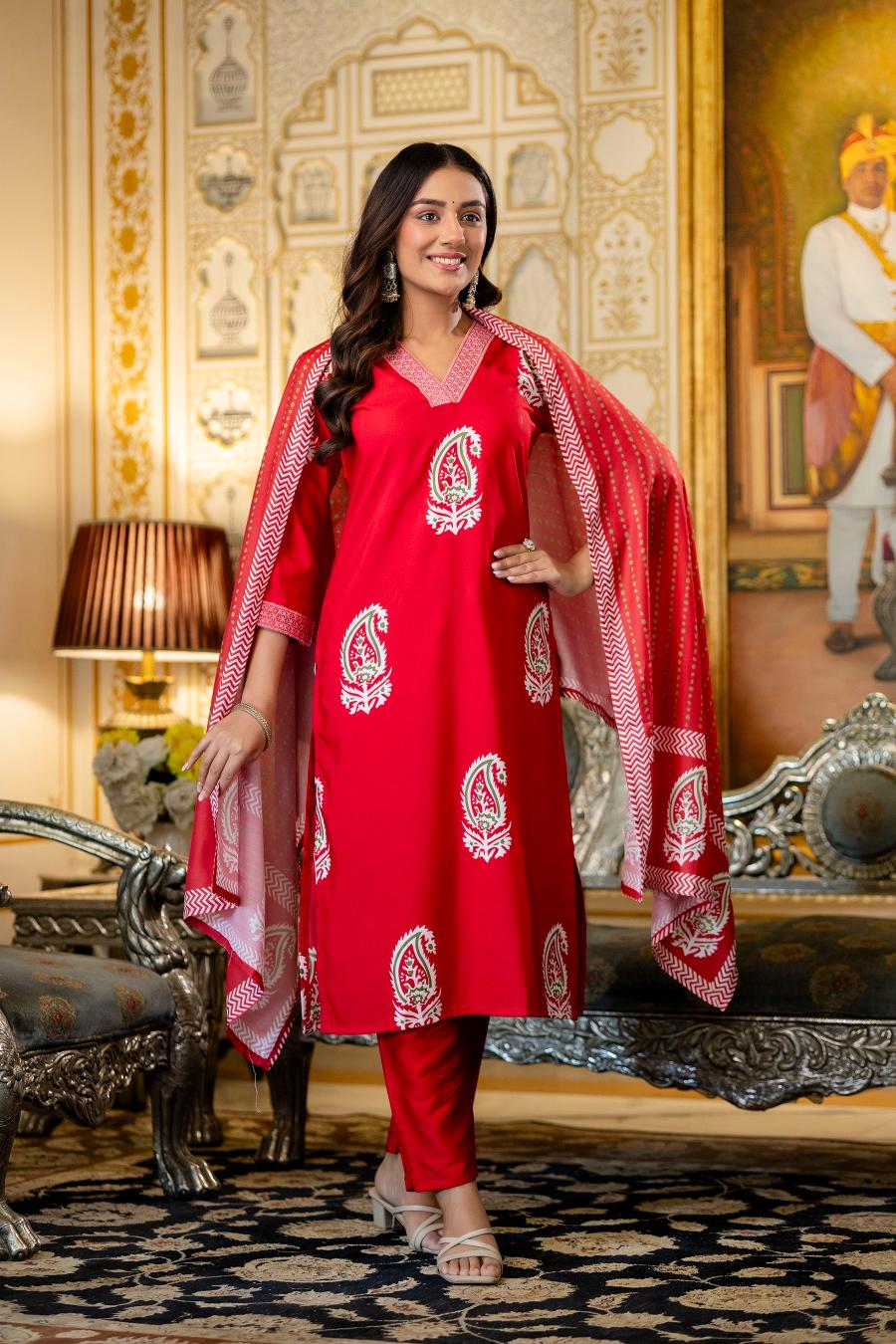 Red Rayon Printed Salwar Suit