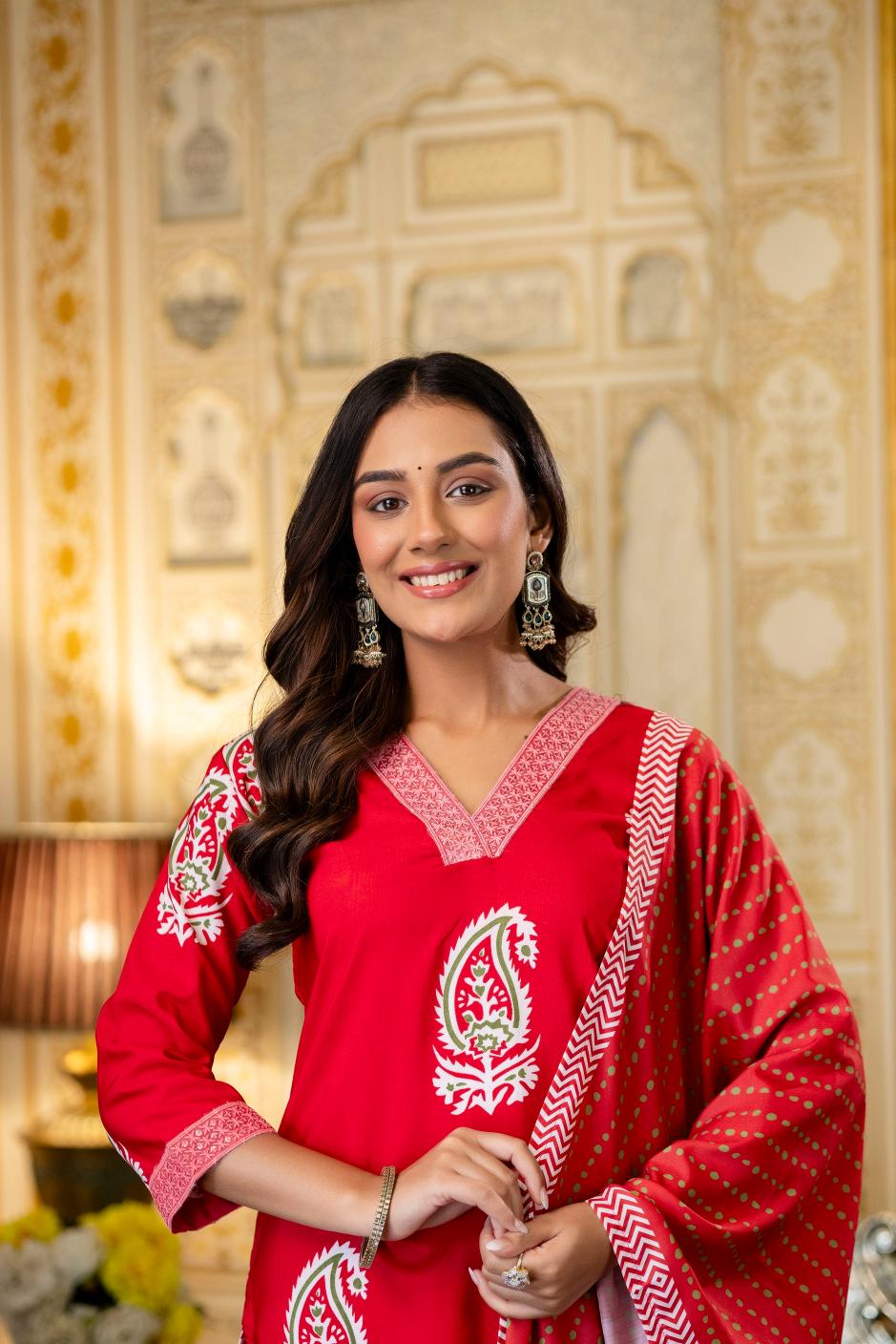 Red Rayon Printed Salwar Suit