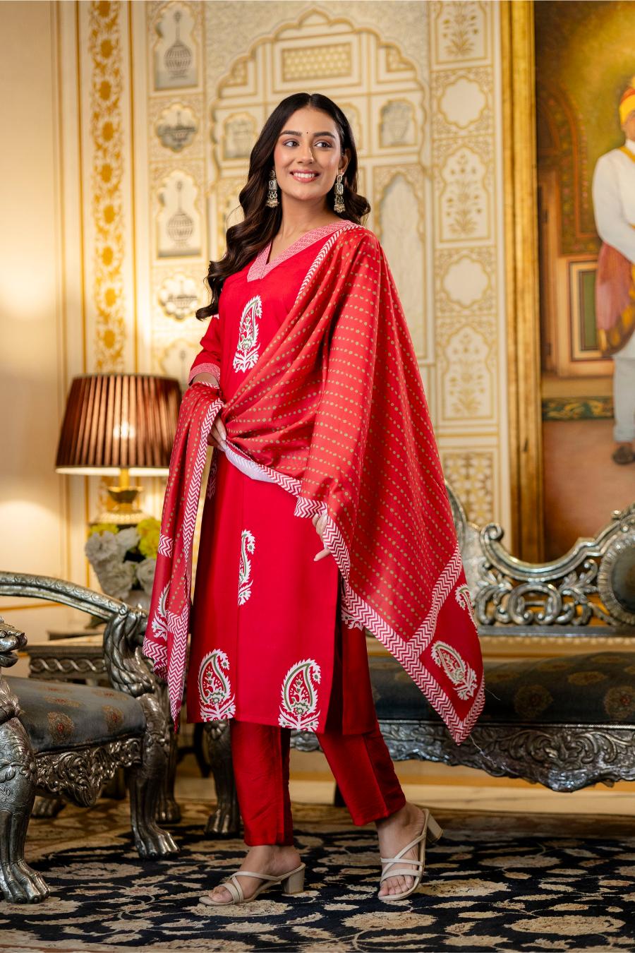 Red Rayon Printed Salwar Suit