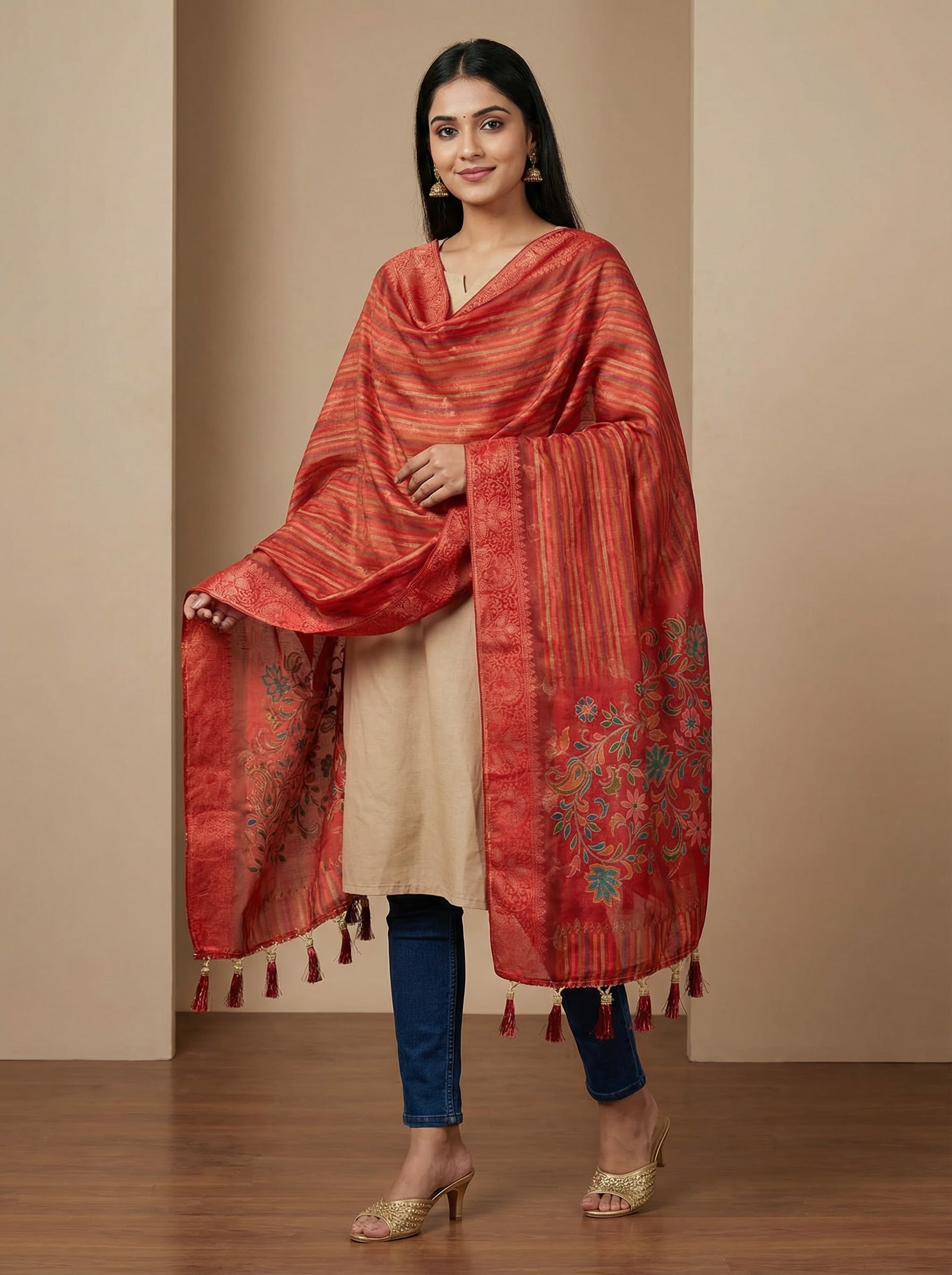 Red Royal Baroque Floral Print Jacquard Silk Designer Dupatta
