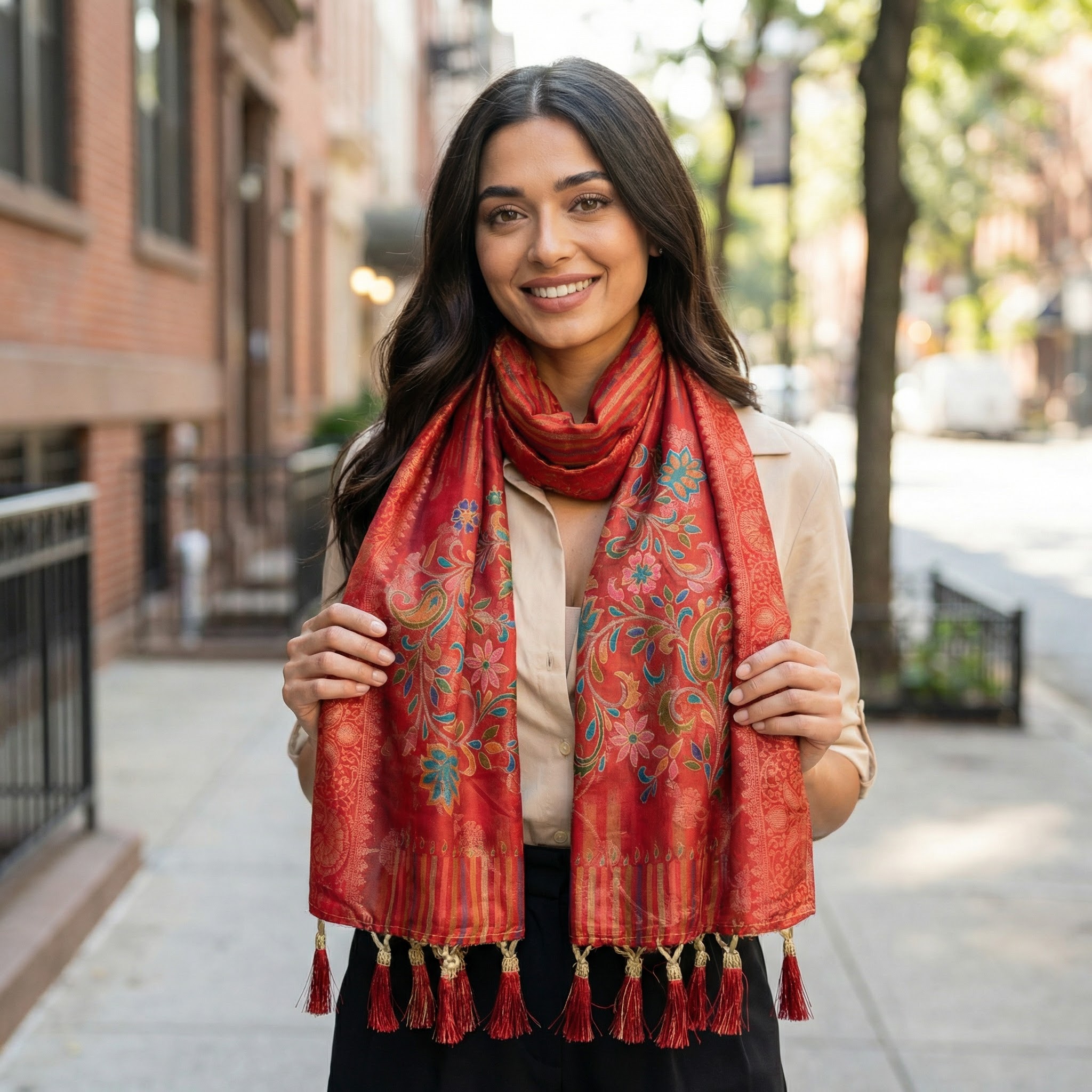 Red Royal Baroque Floral Print Jacquard Silk Designer Dupatta — alternate view