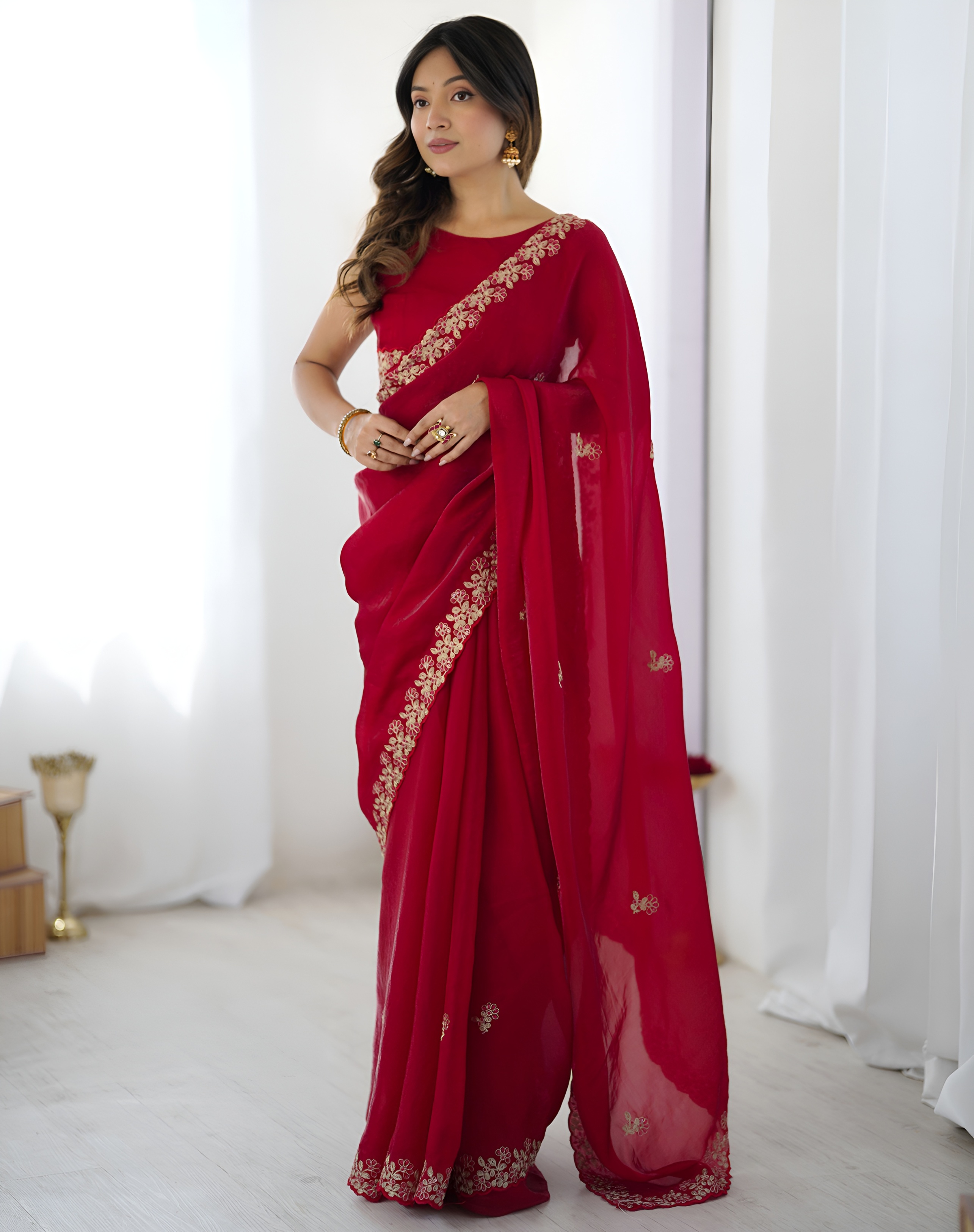 Red Sequins Fendy Satin Silk Saree