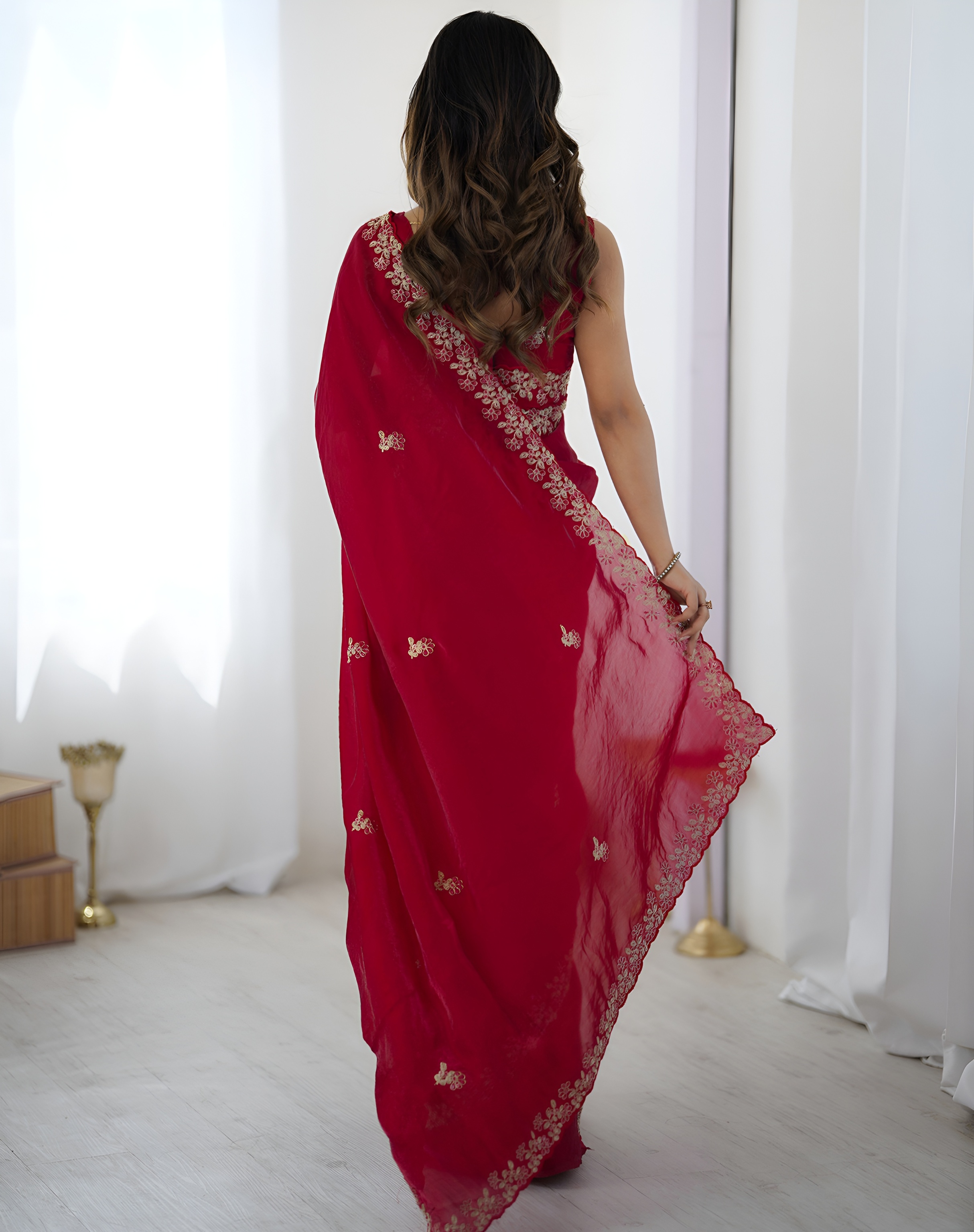 Red Sequins Fendy Satin Silk Saree — alternate view