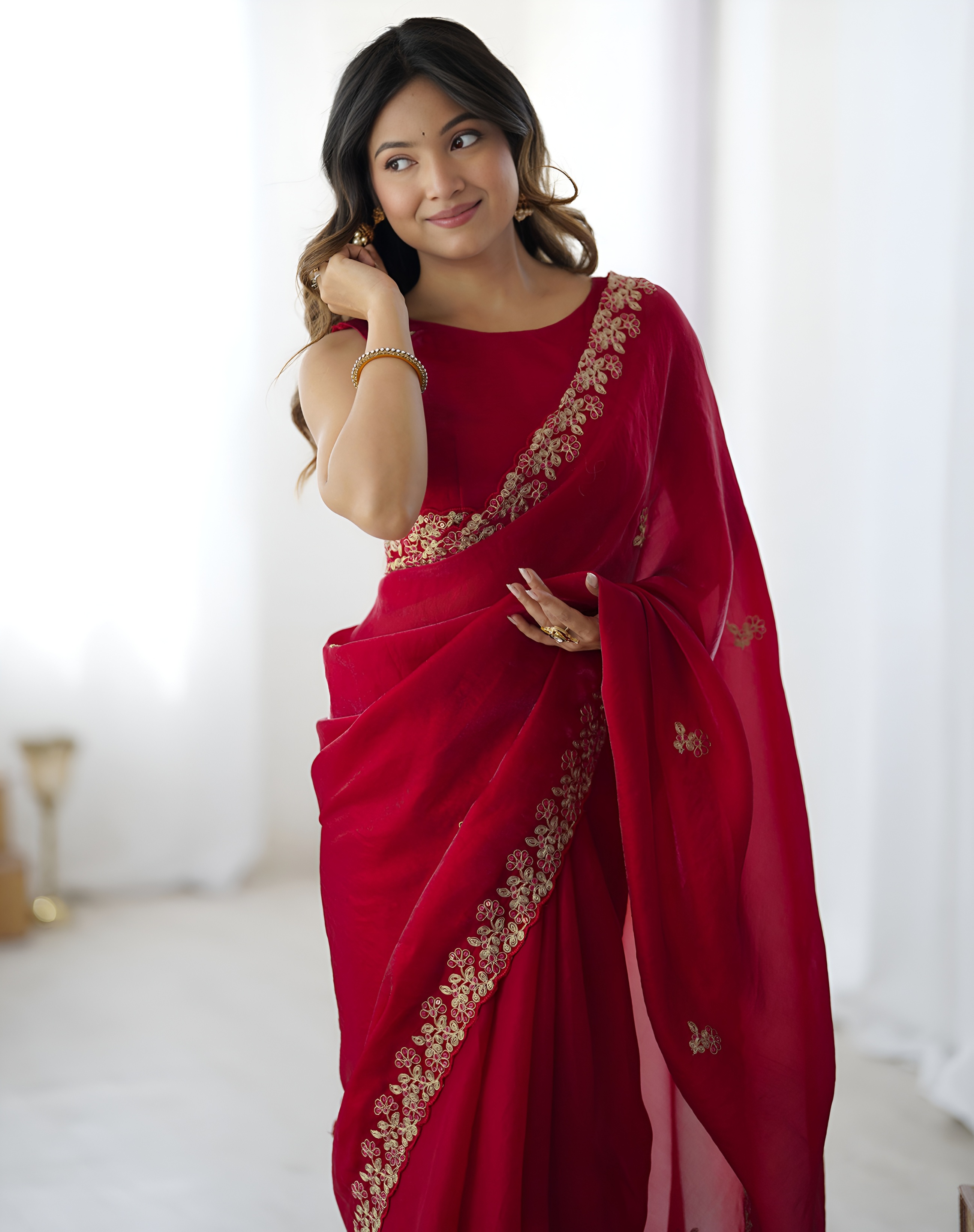 Red Sequins Fendy Satin Silk Saree