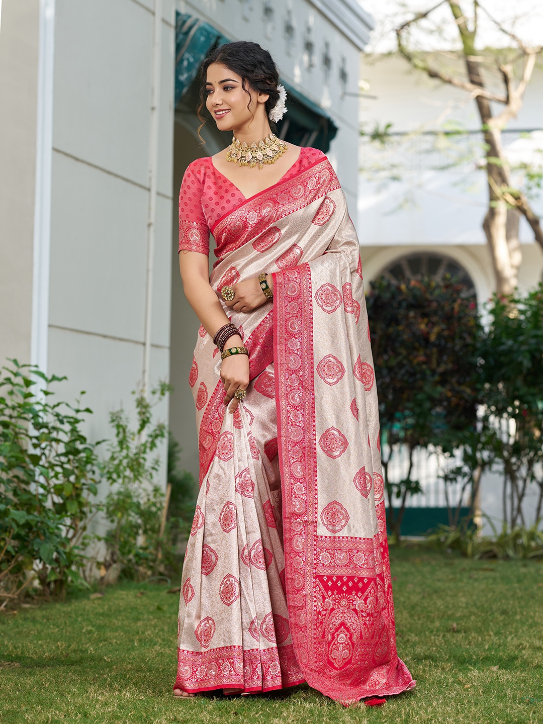 Red Silk Blend Woven Designer Saree